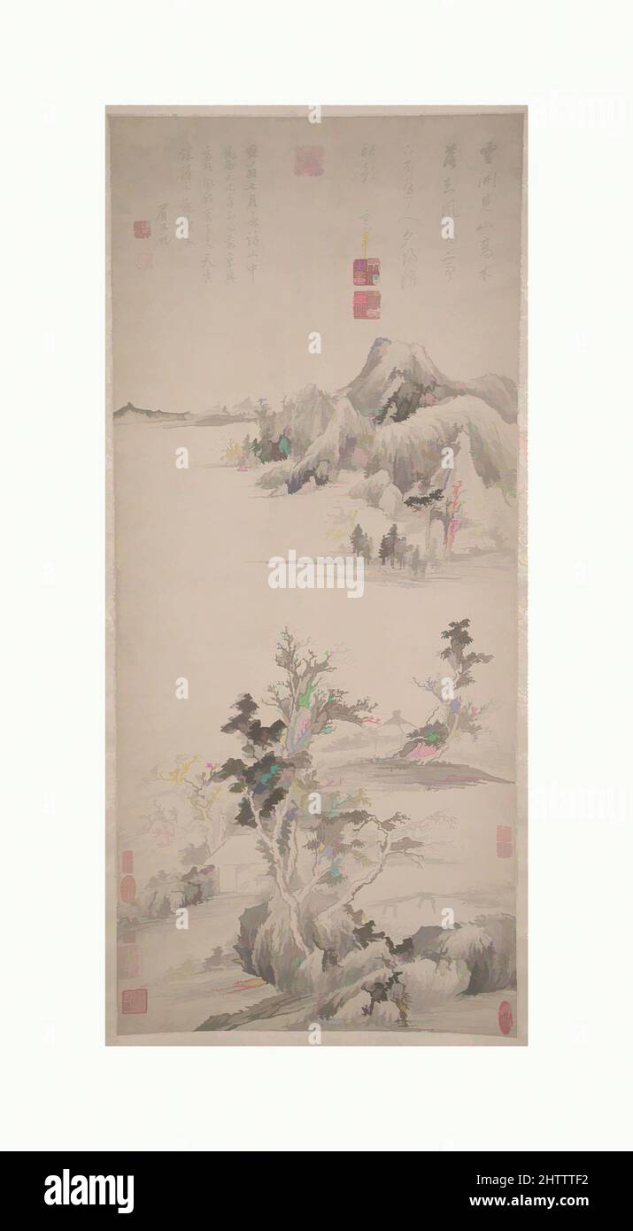 Art inspired by Autumn Mountains, Ming dynasty (1368–1644), China, Hanging scroll; ink on paper, Image: 37 5/8 x 16 3/4 in. (95.6 x 42.5 cm), Paintings, Dong Qichang (Chinese, 1555–1636, Classic works modernized by Artotop with a splash of modernity. Shapes, color and value, eye-catching visual impact on art. Emotions through freedom of artworks in a contemporary way. A timeless message pursuing a wildly creative new direction. Artists turning to the digital medium and creating the Artotop NFT Stock Photo