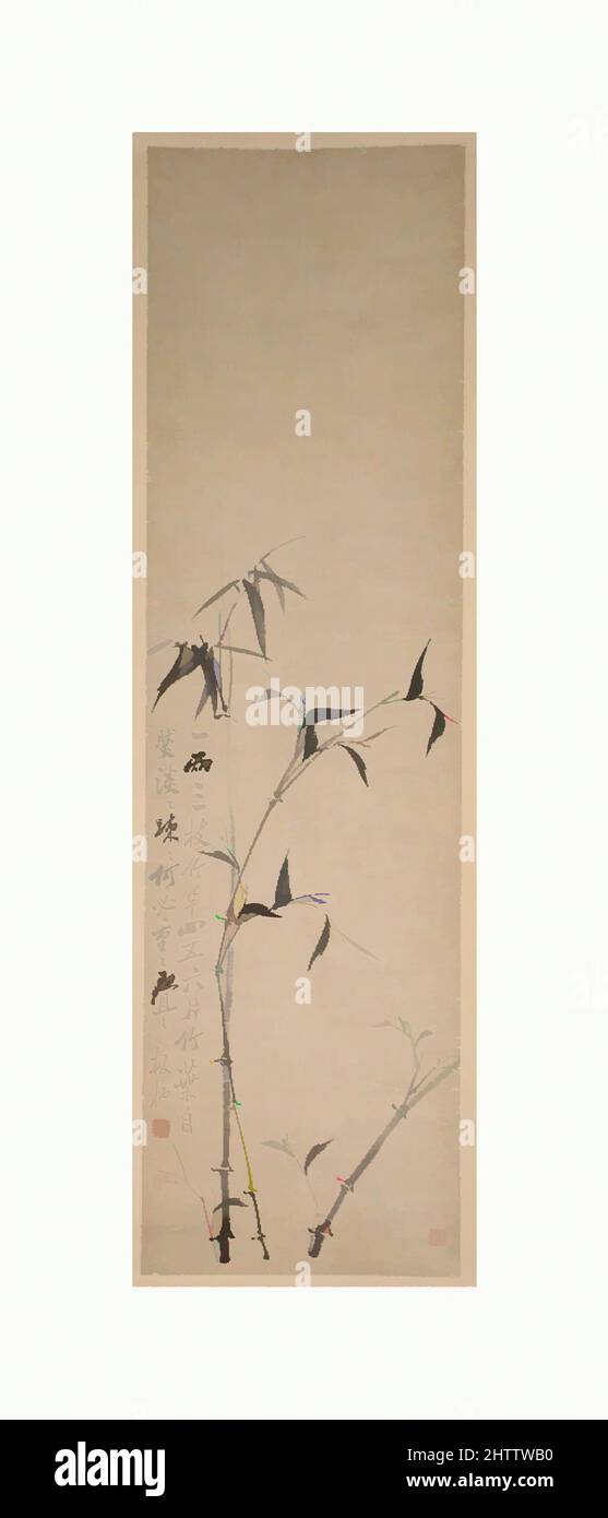 Art inspired by Bamboo and Poem, Qing dynasty (1644–1911), China, Hanging scroll; ink on paper, Image: 55 1/8 x 15 1/2 in. (140 x 39.4 cm), Paintings, Zheng Xie (Chinese, 1693–1765, Classic works modernized by Artotop with a splash of modernity. Shapes, color and value, eye-catching visual impact on art. Emotions through freedom of artworks in a contemporary way. A timeless message pursuing a wildly creative new direction. Artists turning to the digital medium and creating the Artotop NFT Stock Photo
