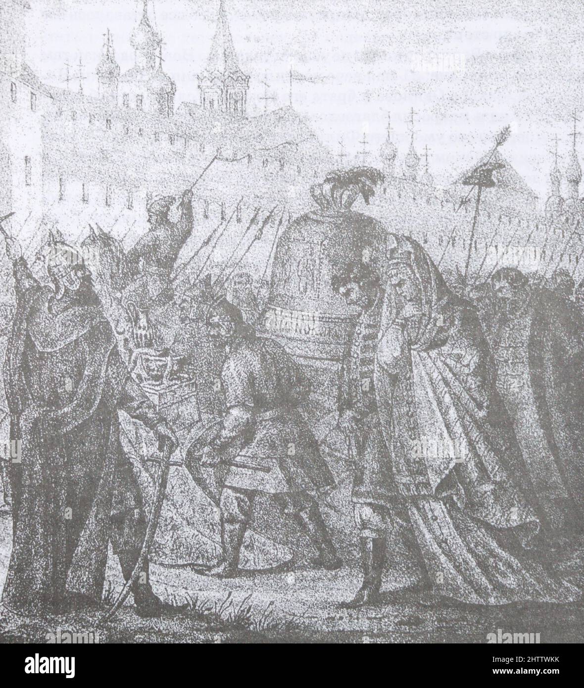 The capture of Novgorod in 1478 by the troops of the Moscow principality. Medieval engraving. Stock Photo