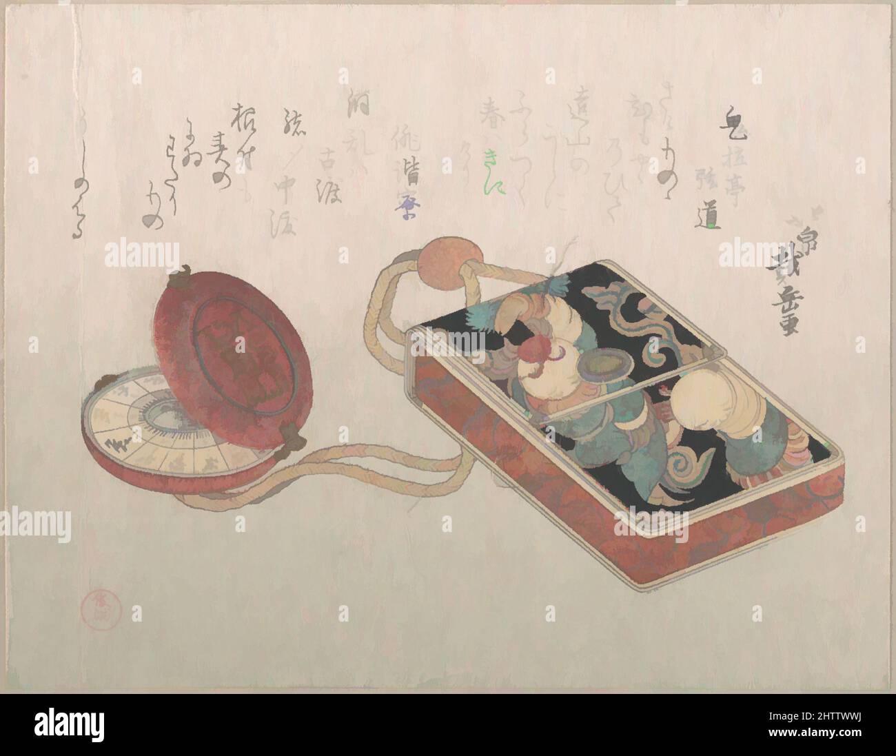 Art inspired by 胴乱印籠と懐中時計根付, probably 1817, Japan, Part of an album of woodblock prints (surimono); ink and color on paper, 5 9/16 x 7 1/4 in. (14.1 x 18.4 cm), Prints, Hokusen Taigaku (Japanese, active 1805–1825), Surimono are privately published woodblock prints, usually commissioned, Classic works modernized by Artotop with a splash of modernity. Shapes, color and value, eye-catching visual impact on art. Emotions through freedom of artworks in a contemporary way. A timeless message pursuing a wildly creative new direction. Artists turning to the digital medium and creating the Artotop NFT Stock Photo