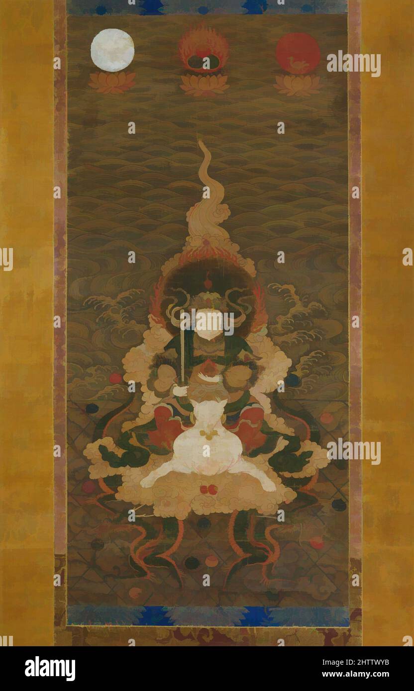 Art inspired by Dakini, Nanbokuchō period (1336–92), Japan, Hanging scroll; ink, color, and gold on hemp, 29 1/2 x 13 in. (74.9 x 33 cm), Paintings, Seated atop a white fox on a cloud held aloft by a pair of dragons is a young woman in fluttering, majestic raiment. She grasps a vajra, Classic works modernized by Artotop with a splash of modernity. Shapes, color and value, eye-catching visual impact on art. Emotions through freedom of artworks in a contemporary way. A timeless message pursuing a wildly creative new direction. Artists turning to the digital medium and creating the Artotop NFT Stock Photo