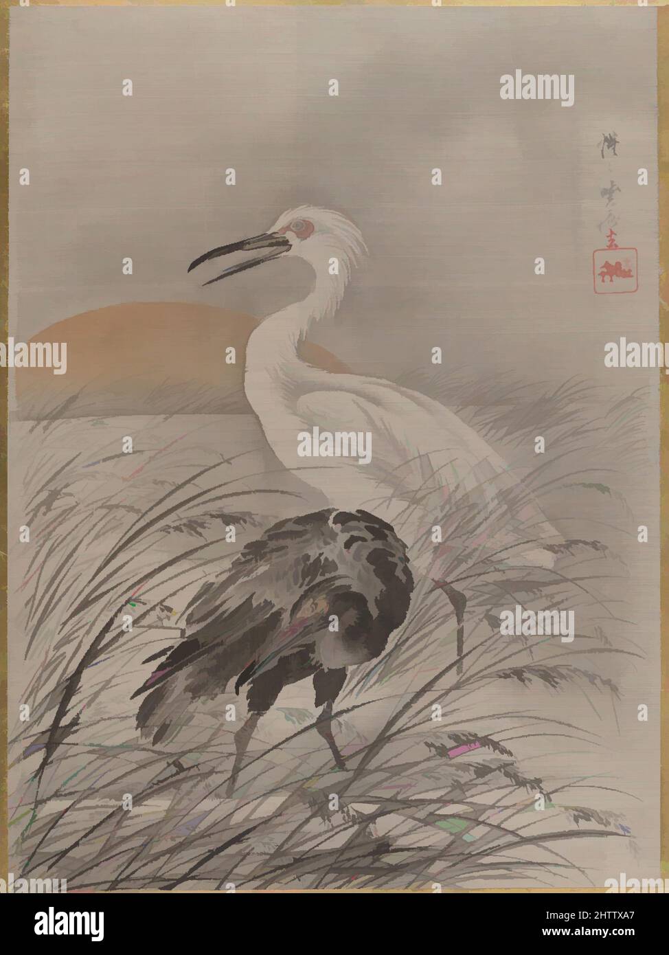 Art inspired by Cranes in Marsh, Meiji period (1868–1912), ca. 1887, Japan, Album leaf; ink and color on silk, 14 1/4 x 10 1/2 in. (36.2 x 26.7 cm), Paintings, Kawanabe Kyōsai (Japanese, 1831–1889, Classic works modernized by Artotop with a splash of modernity. Shapes, color and value, eye-catching visual impact on art. Emotions through freedom of artworks in a contemporary way. A timeless message pursuing a wildly creative new direction. Artists turning to the digital medium and creating the Artotop NFT Stock Photo