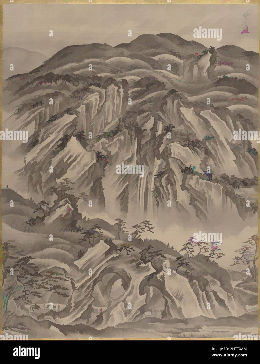 Art inspired by Rocky Landscape, Meiji period (1868–1912), ca. 1887, Japan, Album leaf; ink and color on silk, 14 1/4 x 10 7/8 in. (36.2 x 27.6 cm), Paintings, Kawanabe Kyōsai (Japanese, 1831–1889, Classic works modernized by Artotop with a splash of modernity. Shapes, color and value, eye-catching visual impact on art. Emotions through freedom of artworks in a contemporary way. A timeless message pursuing a wildly creative new direction. Artists turning to the digital medium and creating the Artotop NFT Stock Photo