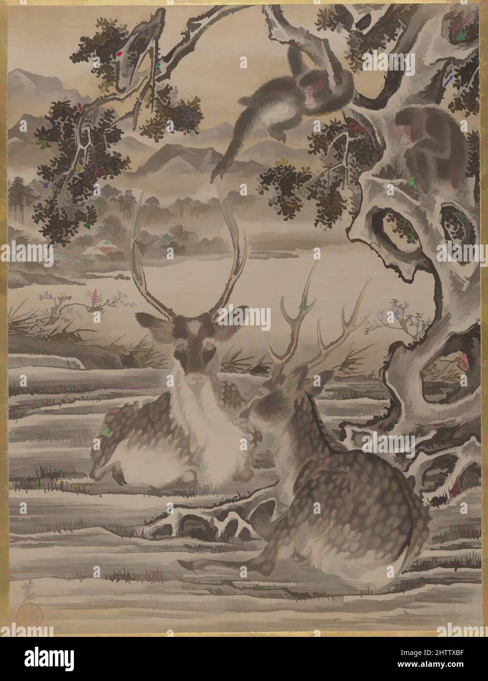 Art inspired by Deer and Monkeys, Meiji period (1868–1912), ca. 1887, Japan, Album leaf; ink and color on silk, 14 1/4 x 10 1/2 in. (36.2 x 26.7 cm), Paintings, Kawanabe Kyōsai (Japanese, 1831–1889, Classic works modernized by Artotop with a splash of modernity. Shapes, color and value, eye-catching visual impact on art. Emotions through freedom of artworks in a contemporary way. A timeless message pursuing a wildly creative new direction. Artists turning to the digital medium and creating the Artotop NFT Stock Photo