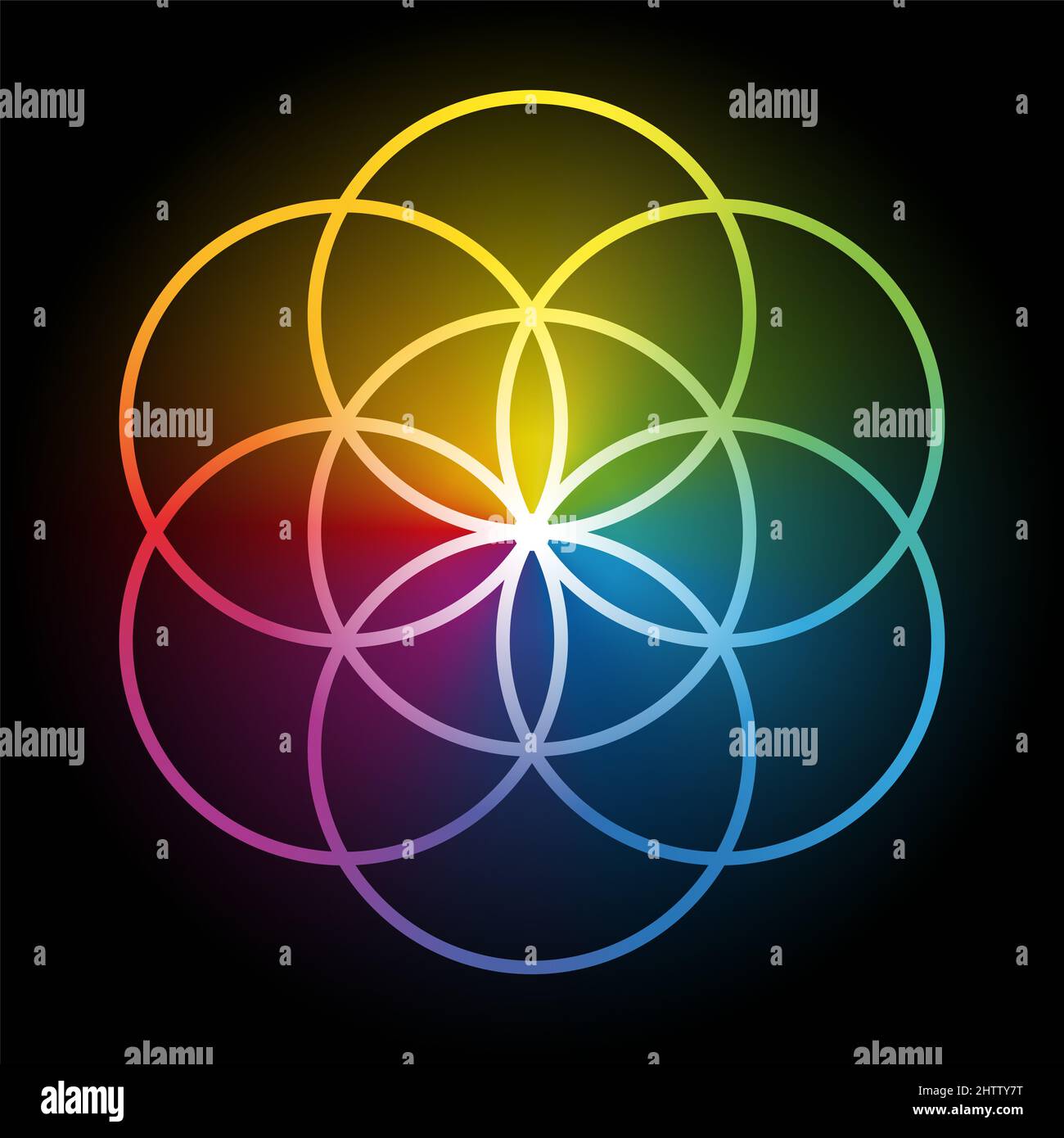 Rainbow colored Seed of Life, over black. Geometrical figure, composed of 7 same sized overlapping circles, forming a hexagonal symmetrical structure. Stock Photo