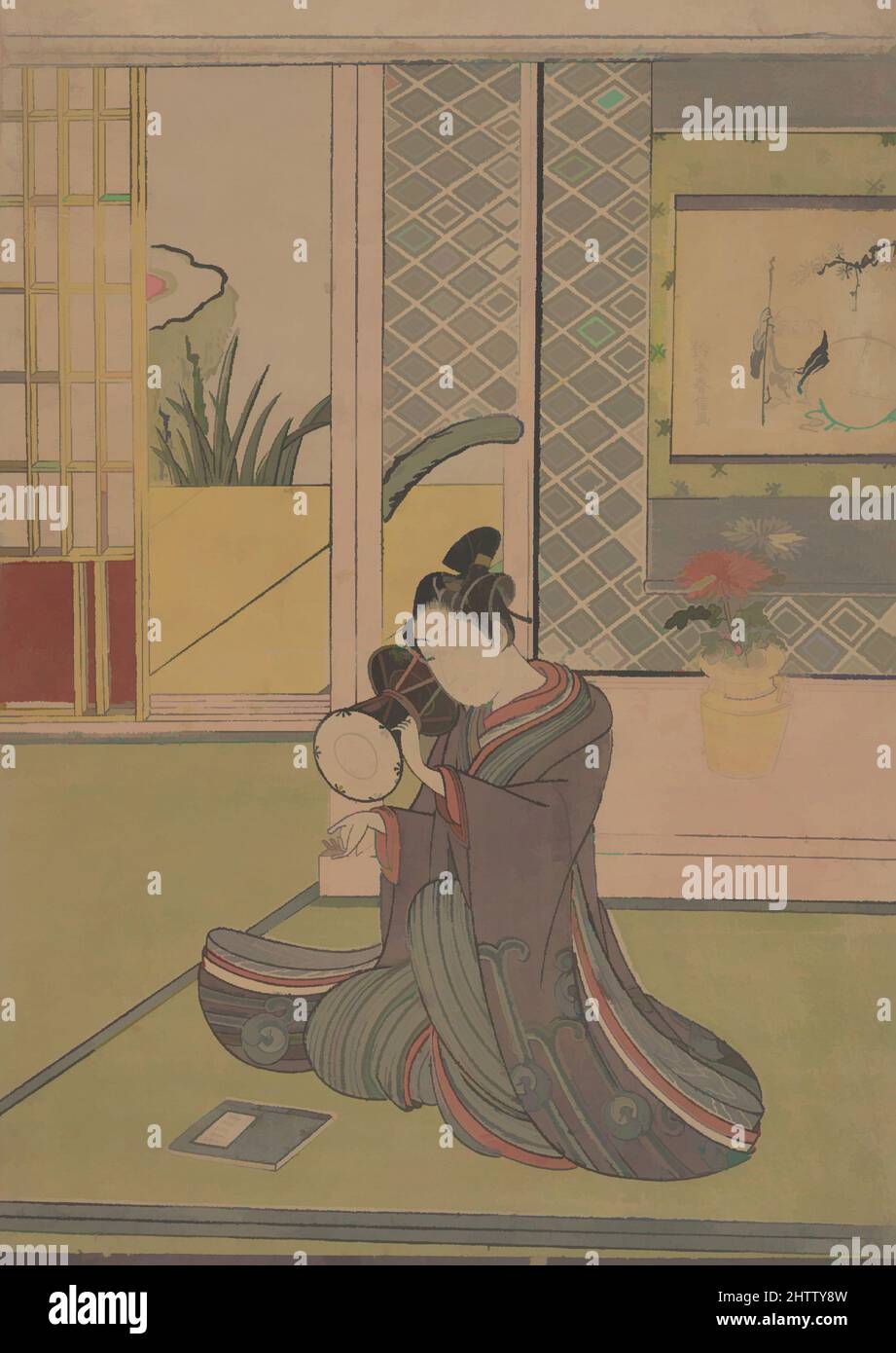Art inspired by Young Man Playing a Noh Drum, Edo period (1615–1868), Japan, Polychrome woodblock print; ink and color on paper, H. 17 7/16 in. (44.3 cm); W. 8 1/8 in. (20.6 cm), Prints, Suzuki Harunobu (Japanese, 1725–1770), A young man beats a Noh drum in his private chamber. Behind, Classic works modernized by Artotop with a splash of modernity. Shapes, color and value, eye-catching visual impact on art. Emotions through freedom of artworks in a contemporary way. A timeless message pursuing a wildly creative new direction. Artists turning to the digital medium and creating the Artotop NFT Stock Photo