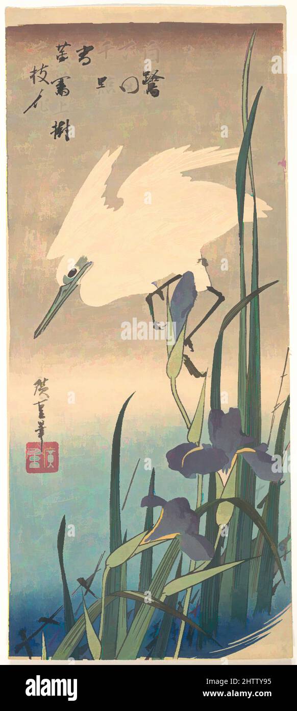 Art inspired by 花菖蒲に白鷺, White Heron and Iris, Edo period (1615–1868), Japan, Polychrome woodblock print; ink and color on paper, 15 3/8 x 6 1/2 in. (39.1 x 16.5 cm), Prints, Utagawa Hiroshige (Japanese, Tokyo (Edo) 1797–1858 Tokyo (Edo, Classic works modernized by Artotop with a splash of modernity. Shapes, color and value, eye-catching visual impact on art. Emotions through freedom of artworks in a contemporary way. A timeless message pursuing a wildly creative new direction. Artists turning to the digital medium and creating the Artotop NFT Stock Photo
