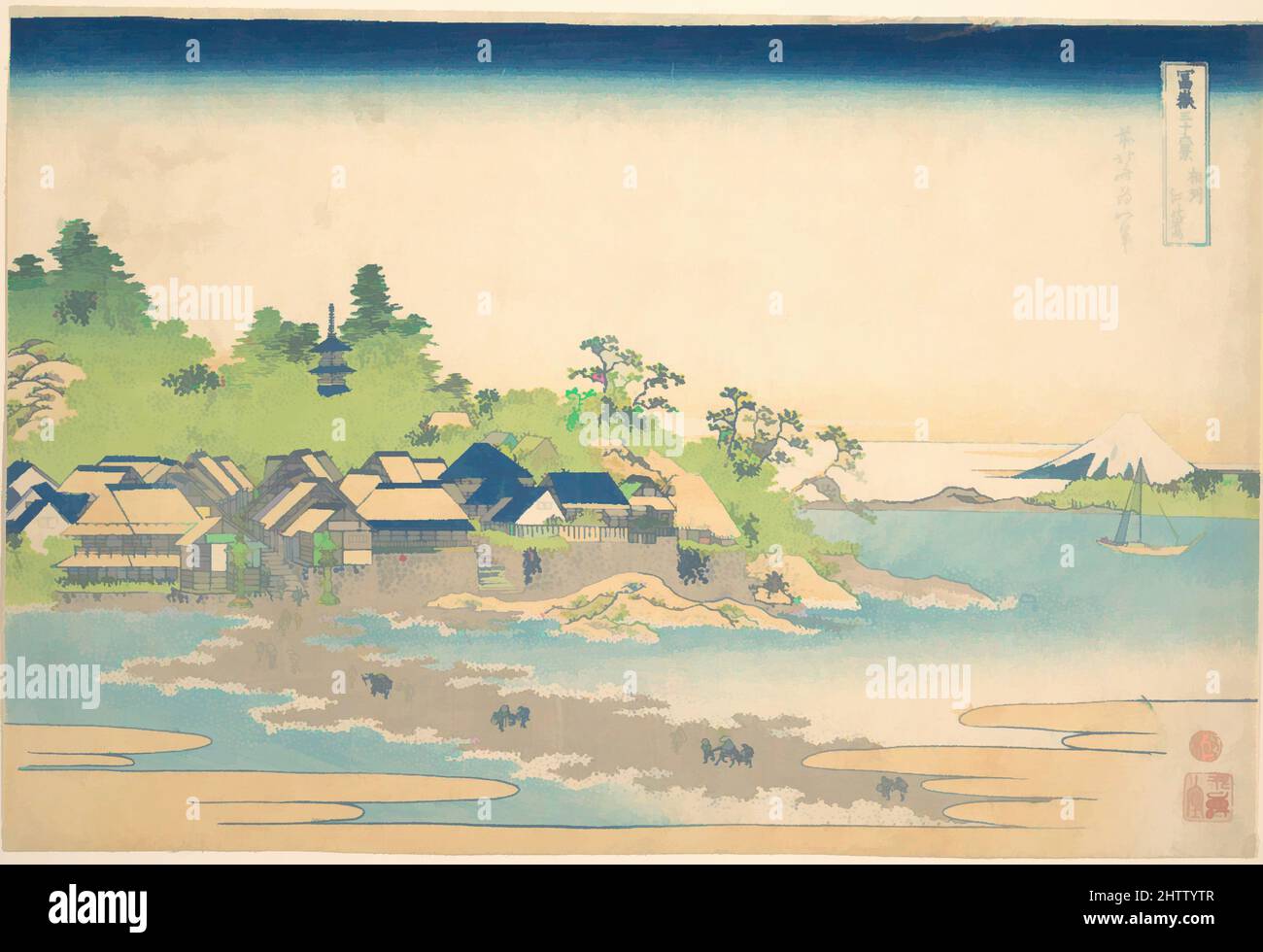 Art inspired by Enoshima in Sagami Province (Sōshū Enoshima), from the series Thirty-six Views of Mount Fuji (Fugaku sanjūrokkei), 冨嶽三十六景　相州江の島, Edo period (1615–1868), ca. 1830–32, Japan, Polychrome woodblock print; ink and color on paper, 9 7/8 x 14 3/4 in. (25.1 x 37.5 cm), Prints, Classic works modernized by Artotop with a splash of modernity. Shapes, color and value, eye-catching visual impact on art. Emotions through freedom of artworks in a contemporary way. A timeless message pursuing a wildly creative new direction. Artists turning to the digital medium and creating the Artotop NFT Stock Photo