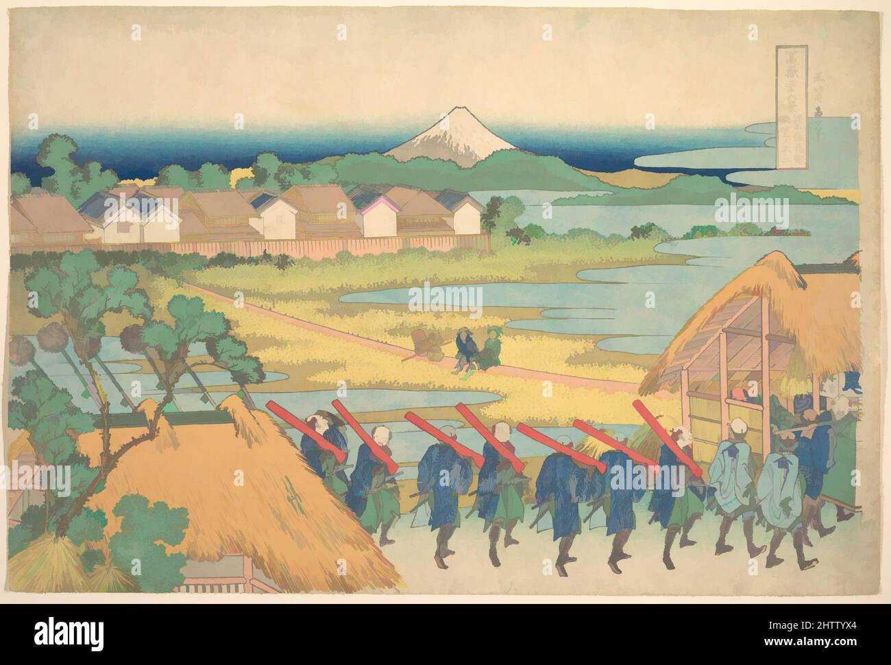 Art inspired by Fuji Seen in the Distance from Senju Pleasure Quarter (Senju kagai yori chōbō no Fuji), from the series Thirty-six Views of Mount Fuji (Fugaku sanjūrokkei), 冨嶽三十六景　従千住花街眺望の不二, Edo period (1615–1868), ca. 1830–32, Japan, Polychrome woodblock print; ink and color on paper, Classic works modernized by Artotop with a splash of modernity. Shapes, color and value, eye-catching visual impact on art. Emotions through freedom of artworks in a contemporary way. A timeless message pursuing a wildly creative new direction. Artists turning to the digital medium and creating the Artotop NFT Stock Photo