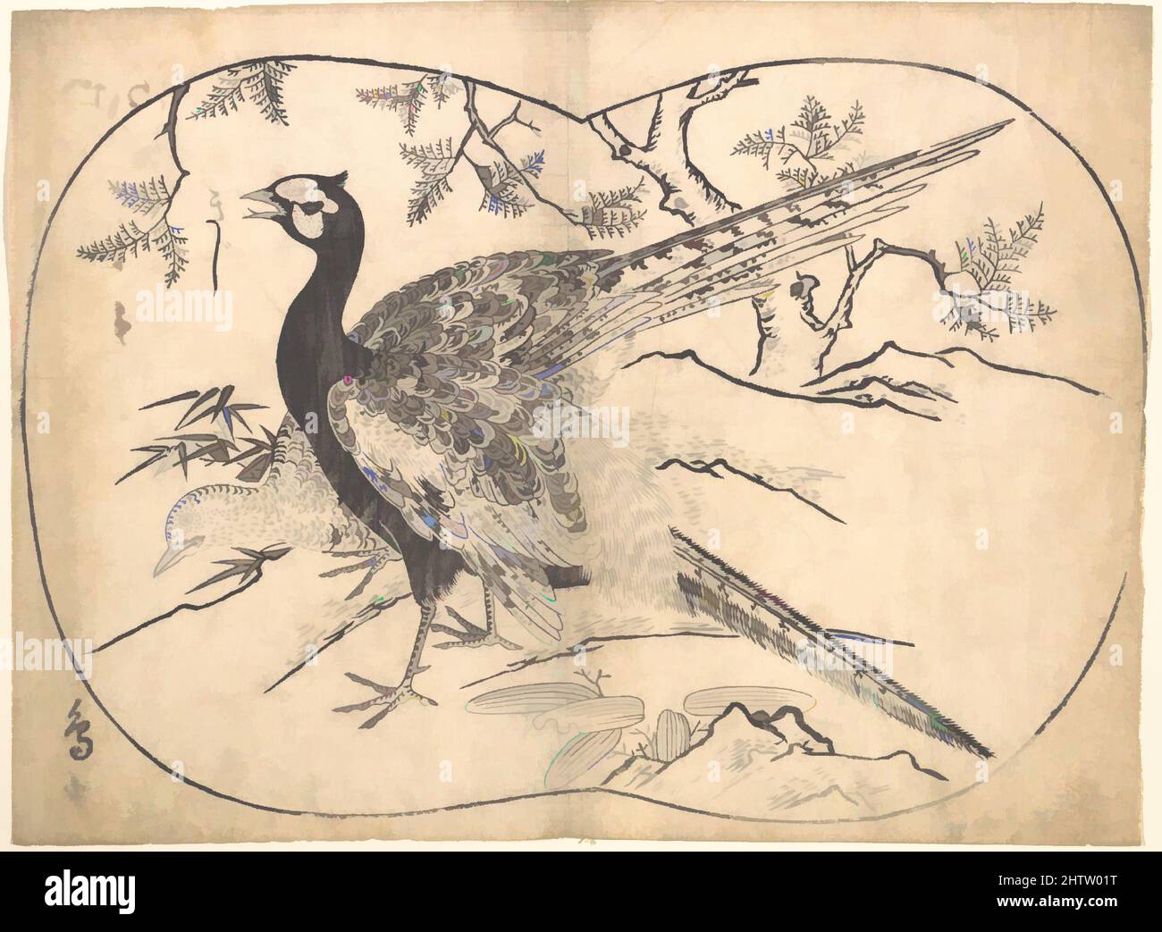 Art inspired by Pheasants, Edo period (1615–1868), Japan, Monochrome woodblock print; ink on paper, 9 5/8 x 13 in. (24.4 x 33 cm), Prints, Hishikawa Moronobu (Japanese, died 1694, Classic works modernized by Artotop with a splash of modernity. Shapes, color and value, eye-catching visual impact on art. Emotions through freedom of artworks in a contemporary way. A timeless message pursuing a wildly creative new direction. Artists turning to the digital medium and creating the Artotop NFT Stock Photo