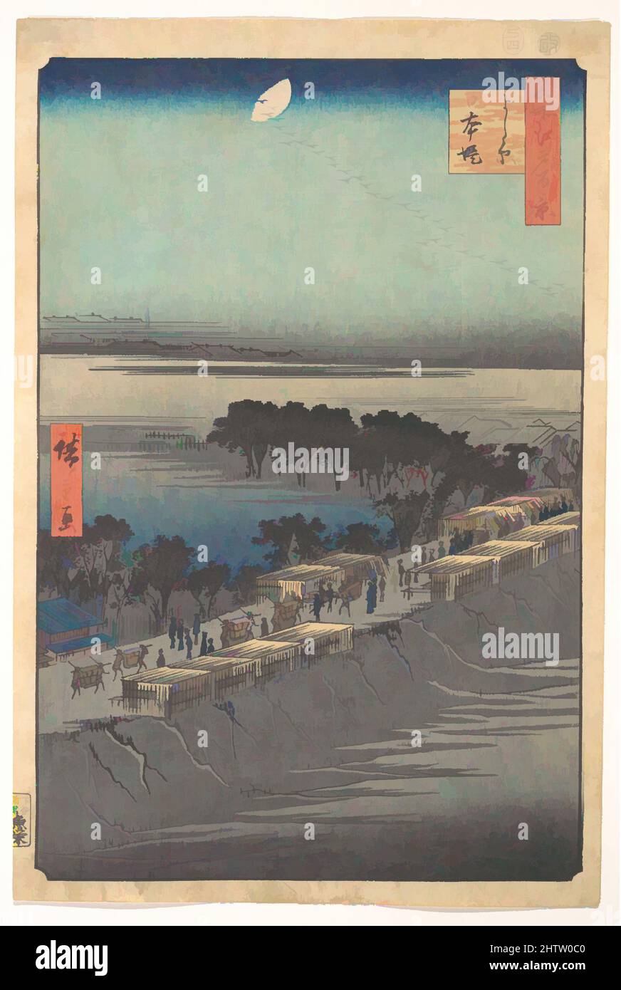 Art inspired by Nihon Embankment at Yoshiwara, from the series One Hundred Famous Views of Edo (Meisho Edo hyakkei, Yoshiwara, Nihonzutsumi), 「名所江戸百景　よし原 日本堤」, Edo period (1615–1868), 1857, Japan, Polychrome woodblock print; ink and color on paper, 14 1/4 x 9 1/2 in. (36.2 x 24.1 cm, Classic works modernized by Artotop with a splash of modernity. Shapes, color and value, eye-catching visual impact on art. Emotions through freedom of artworks in a contemporary way. A timeless message pursuing a wildly creative new direction. Artists turning to the digital medium and creating the Artotop NFT Stock Photo
