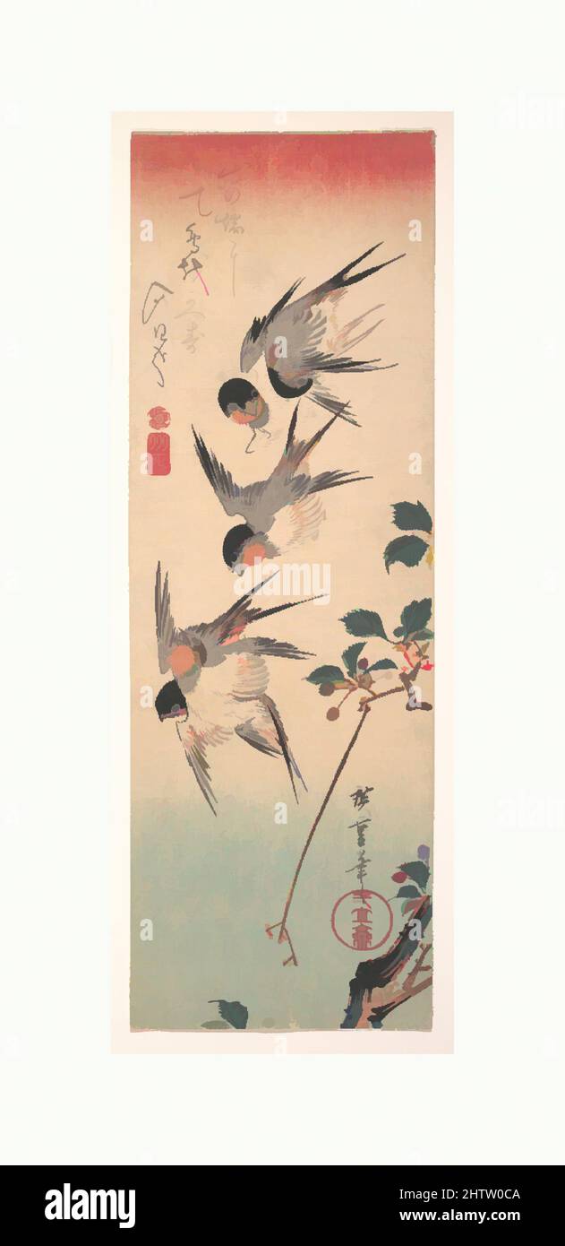 Art inspired by Five Swallows above a Branch, 歌川広重画, Edo period (1615–1868), ca. 1835, Japan, Polychrome woodblock print; ink and color on paper, 15 1/8 x 5 1/8 in. (38.4 x 13 cm), Prints, Utagawa Hiroshige (Japanese, Tokyo (Edo) 1797–1858 Tokyo (Edo)), Yama no ha ni tsubame o kaesu, Classic works modernized by Artotop with a splash of modernity. Shapes, color and value, eye-catching visual impact on art. Emotions through freedom of artworks in a contemporary way. A timeless message pursuing a wildly creative new direction. Artists turning to the digital medium and creating the Artotop NFT Stock Photo