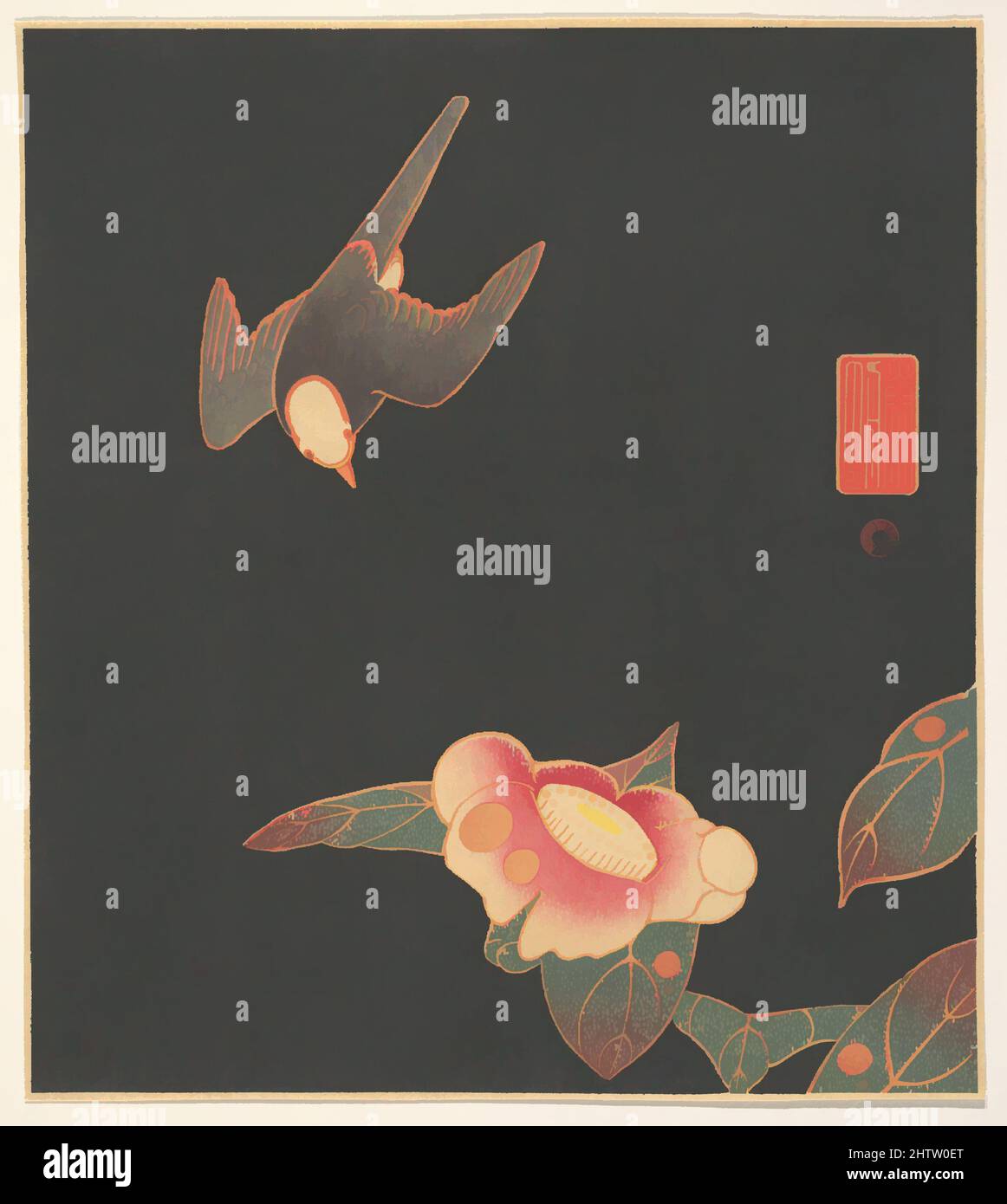 Art inspired by Swallow and Camellia, Meiji period (1868–1912), ca. 1900, Japan, Polychrome woodblock print; ink and color on paper, 9 1/4 x 8 1/4 in. (23.5 x 21 cm), Prints, Itō Jakuchū (Japanese, 1716–1800, Classic works modernized by Artotop with a splash of modernity. Shapes, color and value, eye-catching visual impact on art. Emotions through freedom of artworks in a contemporary way. A timeless message pursuing a wildly creative new direction. Artists turning to the digital medium and creating the Artotop NFT Stock Photo