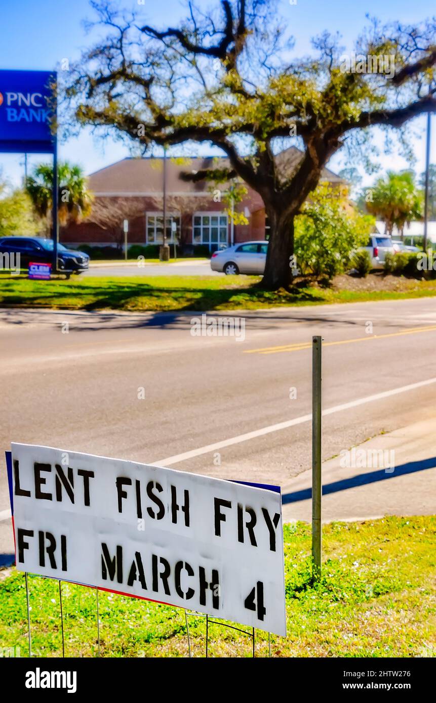 A sign advertises a fish fry for Lent at St. Margaret Catholic Church