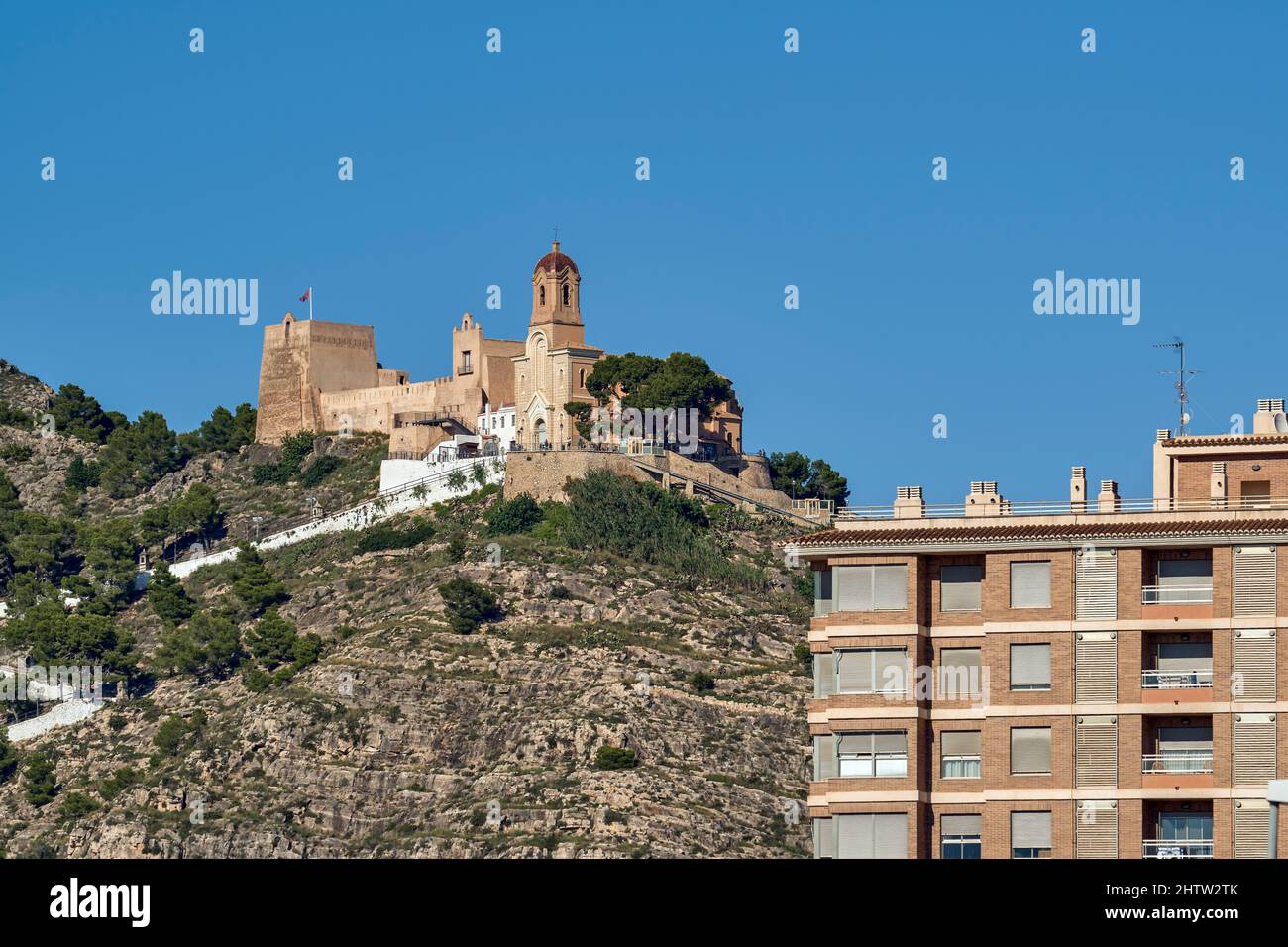 Virgen de la Encarnación Sanctuary built in the 19th century in the neo-Romanesque style castle dwelling of the patron saint of Cullera, Valencia. Stock Photo