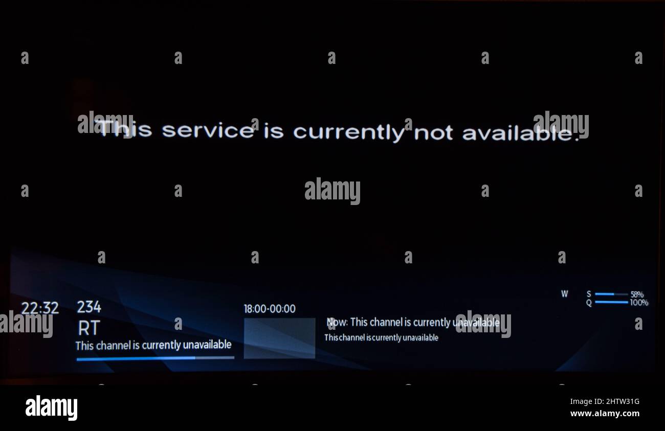 London, UK. 2nd March 2022. 'This service is currently not available' is displayed on the RT Freeview television channel. Russia Today (RT), the Russian state-owned news channel, has been removed from UK TV services today as the Ukraine war continues. Credit: Vuk Valcic / Alamy Live News Stock Photo