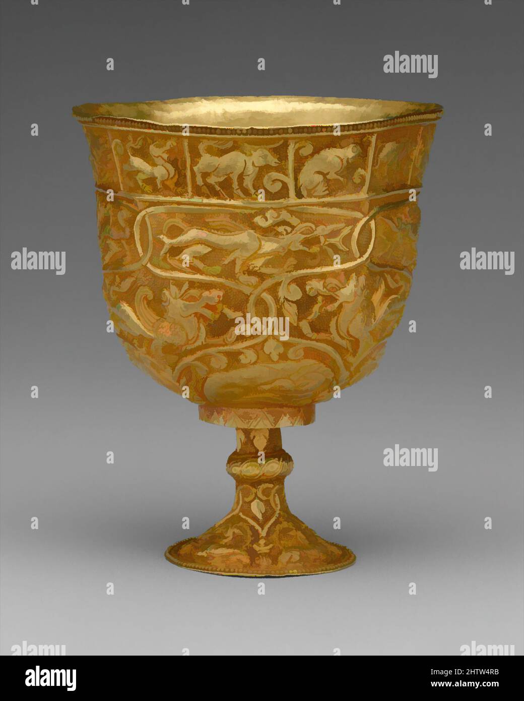 Art inspired by Stem Cup, Period of Tibetan Empire, 7th–9th century, China (Xinjiang Autonomous Region, Central Asia), Gold with repoussé decoration, H. 3 1/2 in. (8.9 cm); Diam. of mouth 2 3/4 in. (7 cm), Metalwork, The intertwined vine with its curled leaves is reminiscent of Sogdian, Classic works modernized by Artotop with a splash of modernity. Shapes, color and value, eye-catching visual impact on art. Emotions through freedom of artworks in a contemporary way. A timeless message pursuing a wildly creative new direction. Artists turning to the digital medium and creating the Artotop NFT Stock Photo