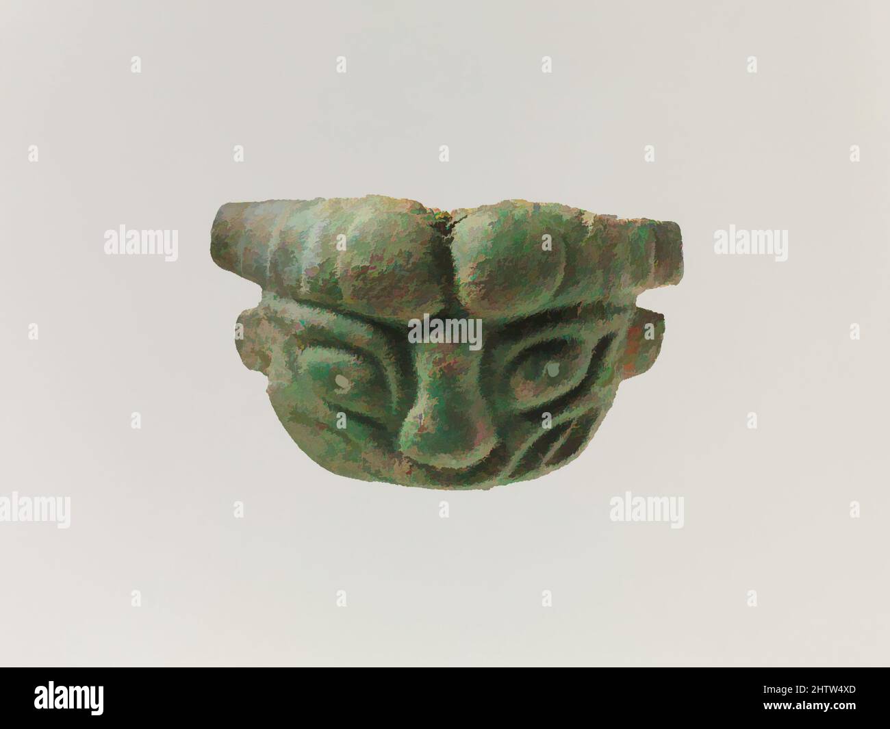 Art inspired by Mask of a Lion, Western Zhou dynasty (1046–771 B.C.), China, Bronze, H. 2 1/8 in. (5.4 cm); W. 3 1/2 in. (8.9 cm), Metalwork, Classic works modernized by Artotop with a splash of modernity. Shapes, color and value, eye-catching visual impact on art. Emotions through freedom of artworks in a contemporary way. A timeless message pursuing a wildly creative new direction. Artists turning to the digital medium and creating the Artotop NFT Stock Photo
