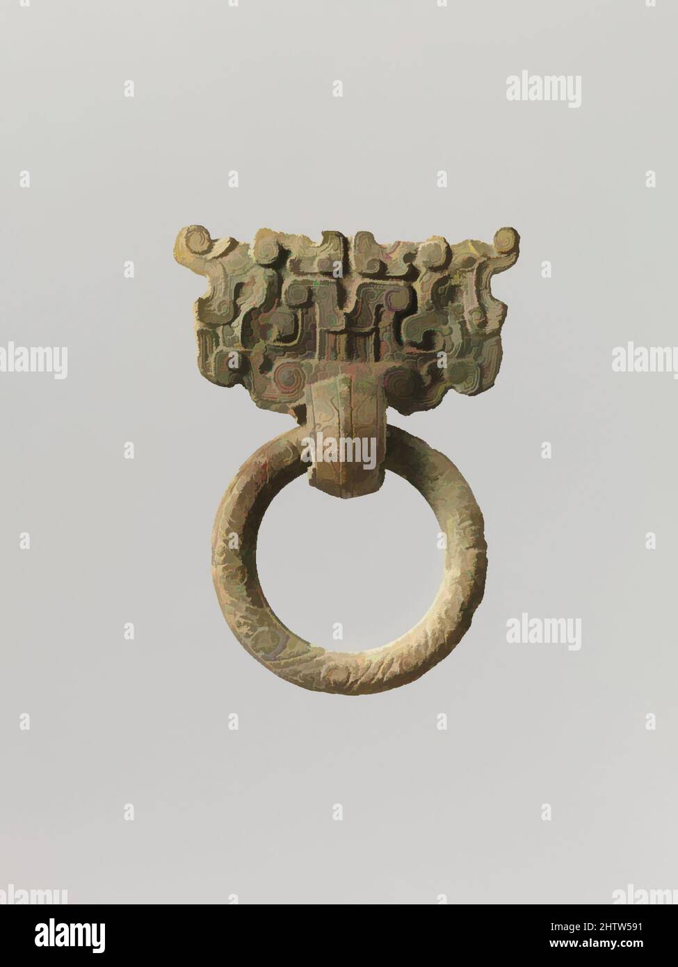 Art inspired by Ring Handle with Mask, Western Zhou dynasty (1046–771 B.C.), China, Bronze, H. 3 7/16 in. (8.7 cm); W. 2 1/2 in. (6.4 cm), Metalwork, Classic works modernized by Artotop with a splash of modernity. Shapes, color and value, eye-catching visual impact on art. Emotions through freedom of artworks in a contemporary way. A timeless message pursuing a wildly creative new direction. Artists turning to the digital medium and creating the Artotop NFT Stock Photo