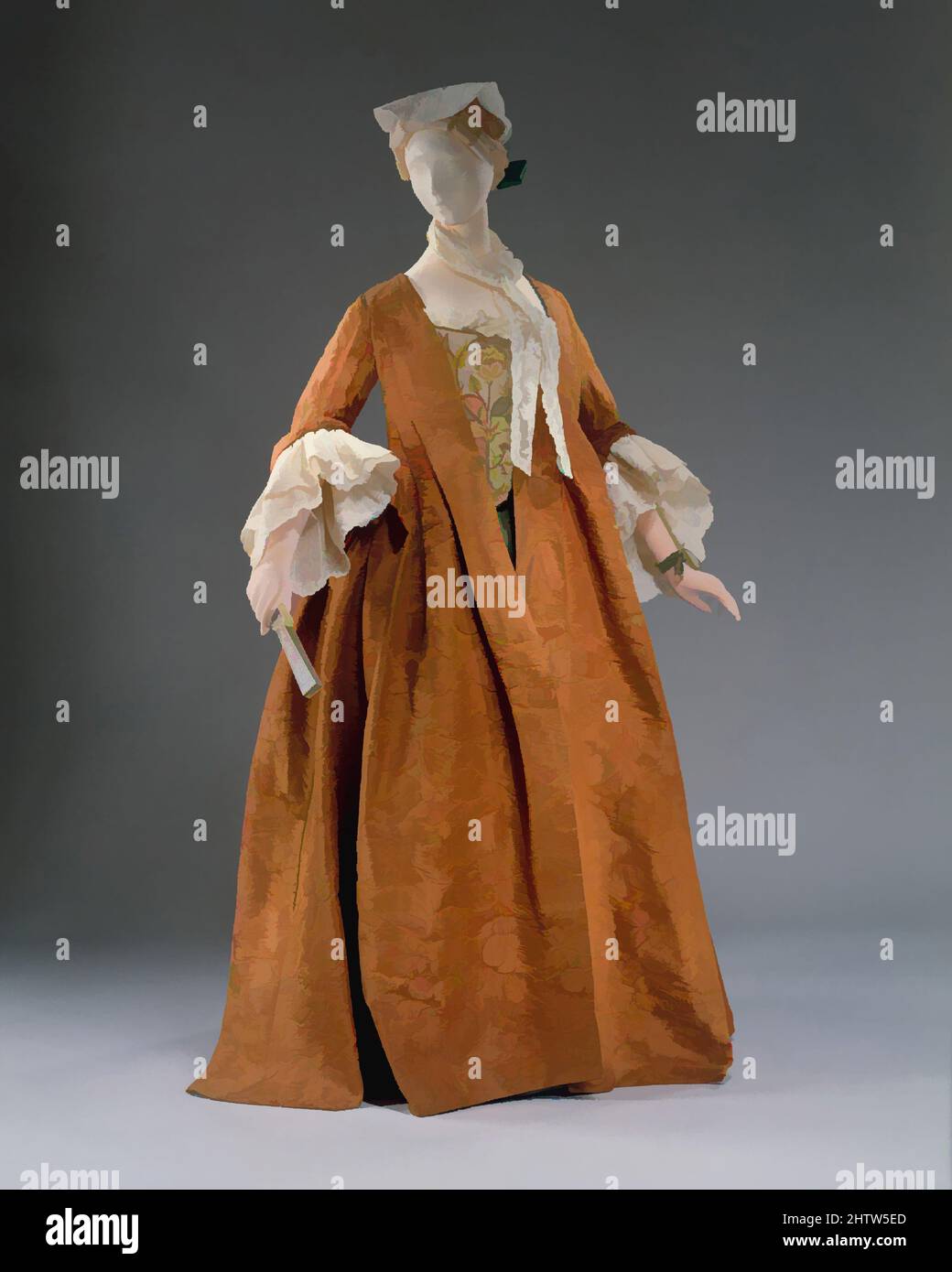 Art inspired by Dress, 1735–40, French, silk, flax, This open robe, lacking petticoat, in spice brown damask reveals both the wide circumstance of the 1730s style, just before the flattening out that occurred at mid-century, and the hedonism of extraordinary damask, even when it's, Classic works modernized by Artotop with a splash of modernity. Shapes, color and value, eye-catching visual impact on art. Emotions through freedom of artworks in a contemporary way. A timeless message pursuing a wildly creative new direction. Artists turning to the digital medium and creating the Artotop NFT Stock Photo