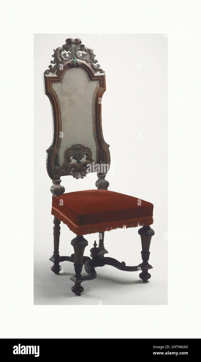 Art inspired by Chair (one of a set of six), ca. 1695, British, Walnut, caning; velvet not original to frame, H. 55-1/4 x W. 20-1/4 x D. 17 in. (140.3 x 51.4 x 43.2 cm), Woodwork-Furniture, Classic works modernized by Artotop with a splash of modernity. Shapes, color and value, eye-catching visual impact on art. Emotions through freedom of artworks in a contemporary way. A timeless message pursuing a wildly creative new direction. Artists turning to the digital medium and creating the Artotop NFT Stock Photo