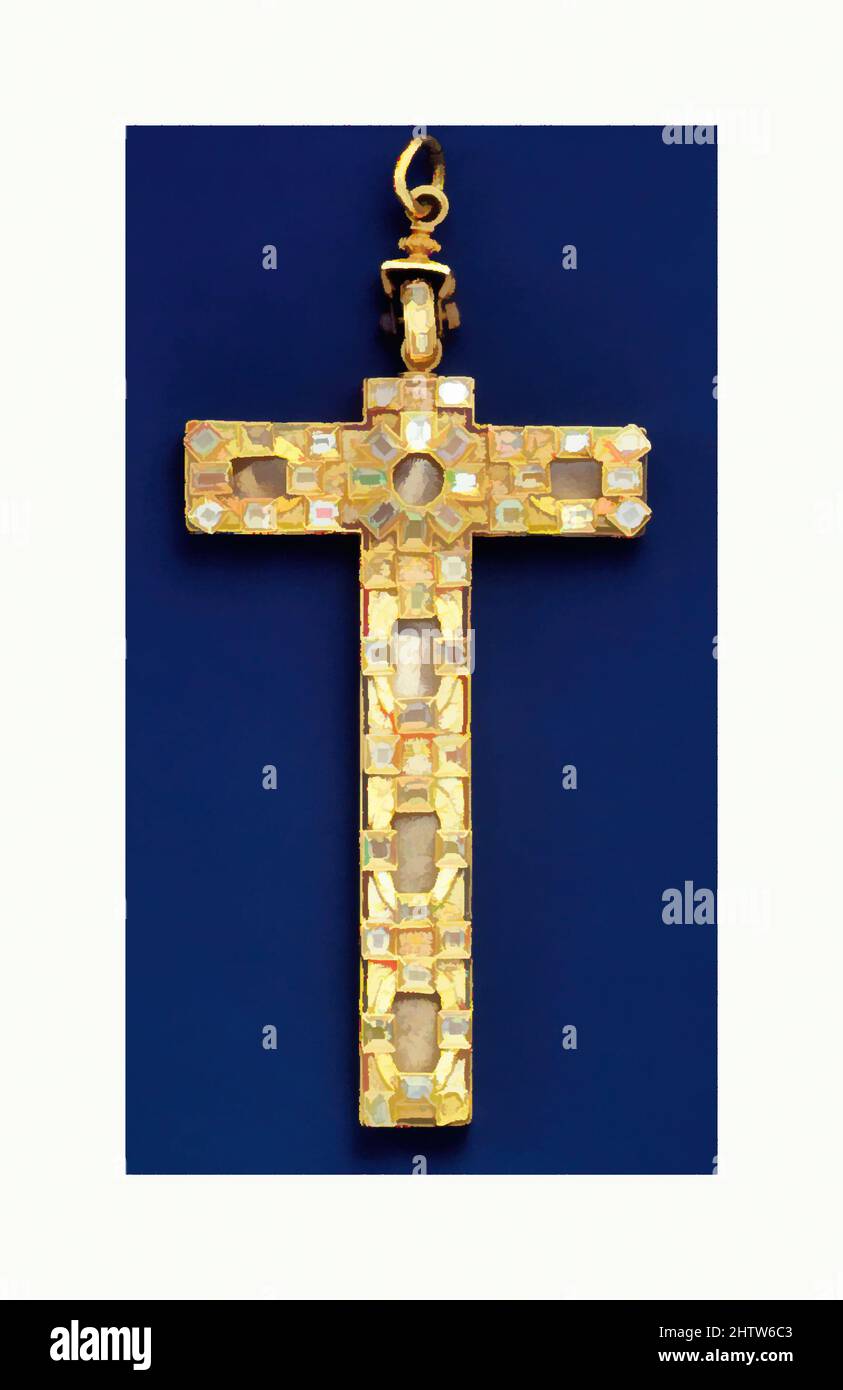 Art inspired by Reliquary cross and chain, early 17th century, Spanish, Gold, diamonds, enamel, Overall (with ring): 3 15/16 × 1 13/16 × 3/8 in. (10 × 4.6 × 1 cm), Many jewels were made to combine the form of the cross with the function of containing relics, which in this case were, Classic works modernized by Artotop with a splash of modernity. Shapes, color and value, eye-catching visual impact on art. Emotions through freedom of artworks in a contemporary way. A timeless message pursuing a wildly creative new direction. Artists turning to the digital medium and creating the Artotop NFT Stock Photo