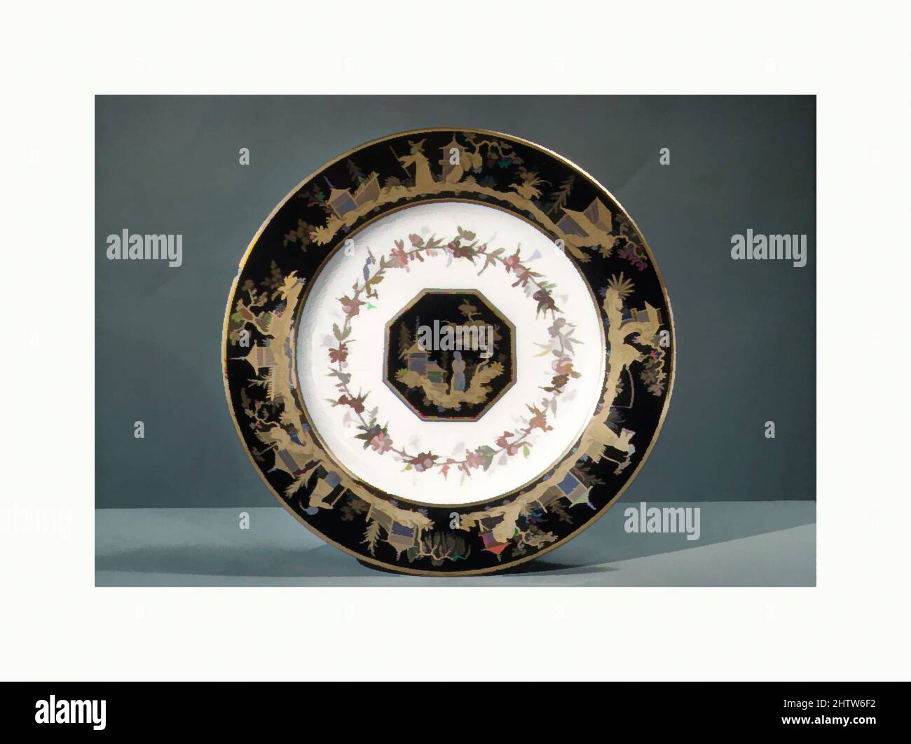 Art inspired by Plate, ca. 1791, French, Sèvres, Hard-paste porcelain, Diameter: 9 9/16 in. (24.3 cm), Ceramics-Porcelain, Porcelain decorated with a black ground in imitation of Asian lacquer was produced at Sèvres for about a fifteen-year period beginning in 1790. Furniture decorated, Classic works modernized by Artotop with a splash of modernity. Shapes, color and value, eye-catching visual impact on art. Emotions through freedom of artworks in a contemporary way. A timeless message pursuing a wildly creative new direction. Artists turning to the digital medium and creating the Artotop NFT Stock Photo