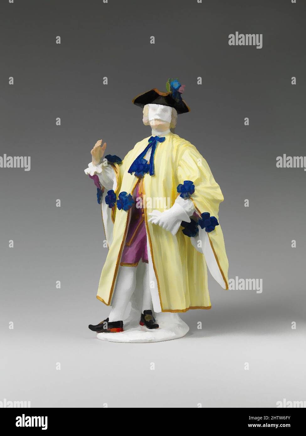 Art inspired by Masquerader (one of a pair), 1745, German, Meissen, Hard paste-porcelain, Overall (confirmed): 6 1/2 x 4 x 2 3/4 in. (16.5 x 10.2 x 7 cm), Ceramics-Porcelain, This model of a porcelain figure wearing a black tricorne hat, a white half mask, and a long robe trimmed with, Classic works modernized by Artotop with a splash of modernity. Shapes, color and value, eye-catching visual impact on art. Emotions through freedom of artworks in a contemporary way. A timeless message pursuing a wildly creative new direction. Artists turning to the digital medium and creating the Artotop NFT Stock Photo