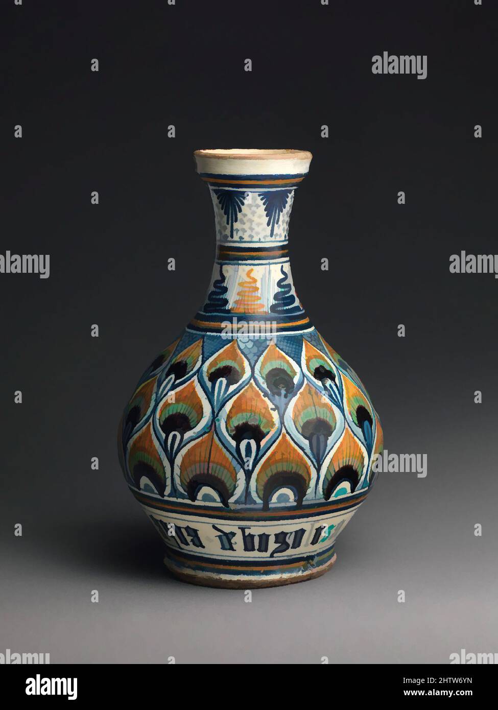 Art inspired by Pharmacy bottle, ca. 1470–1500, Italian, probably Pesaro, Maiolica (tin-glazed earthenware), Overall (confirmed): 12 1/8 × 7 9/16 × 7 9/16 in. (30.8 × 19.2 × 19.2 cm), Ceramics-Pottery, Vessels of this shape, with long, narrow necks, were designed to hold liquid, Classic works modernized by Artotop with a splash of modernity. Shapes, color and value, eye-catching visual impact on art. Emotions through freedom of artworks in a contemporary way. A timeless message pursuing a wildly creative new direction. Artists turning to the digital medium and creating the Artotop NFT Stock Photo