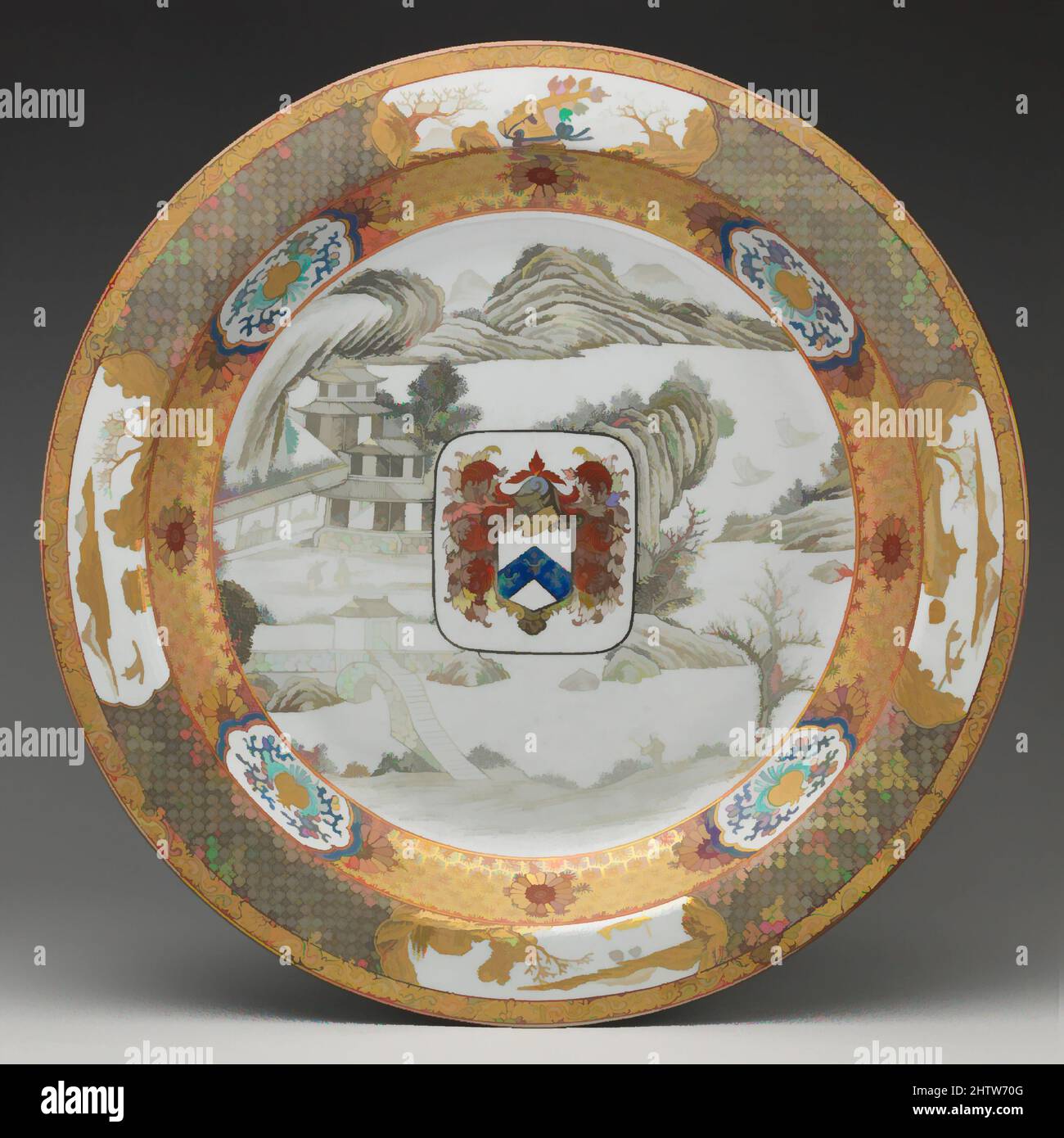 Art inspired by Plate, 1725–30, Chinese, for British market, Hard-paste porcelain, Overall: 2 3/8 × 15 1/4 in. (6 × 38.7 cm), Ceramics-Porcelain-Export, This dish is part of a service made for John Elwick of Cornhill, London (died 1730), who was a director of the English East India, Classic works modernized by Artotop with a splash of modernity. Shapes, color and value, eye-catching visual impact on art. Emotions through freedom of artworks in a contemporary way. A timeless message pursuing a wildly creative new direction. Artists turning to the digital medium and creating the Artotop NFT Stock Photo