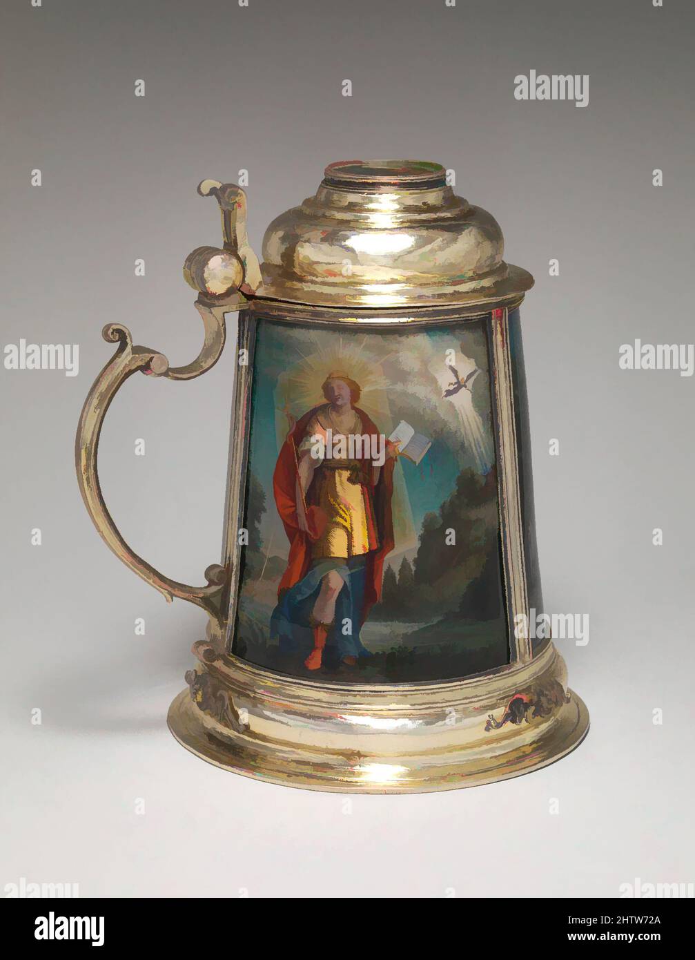 Art inspired by Tankard, 1649, Swiss, Zurich, Silver gilt, verre églomisé, H. 7 1/8 in. (18.1 cm.); W. with handle 6 5/8 in. (16.8 cm); Diam. 5 1/2 in. (14 cm), Metalwork-Silver In Combination, The arms on the lid (Rahn impaling Escher) are those of Hans Heinrich Rahn (1593–1669), who, Classic works modernized by Artotop with a splash of modernity. Shapes, color and value, eye-catching visual impact on art. Emotions through freedom of artworks in a contemporary way. A timeless message pursuing a wildly creative new direction. Artists turning to the digital medium and creating the Artotop NFT Stock Photo