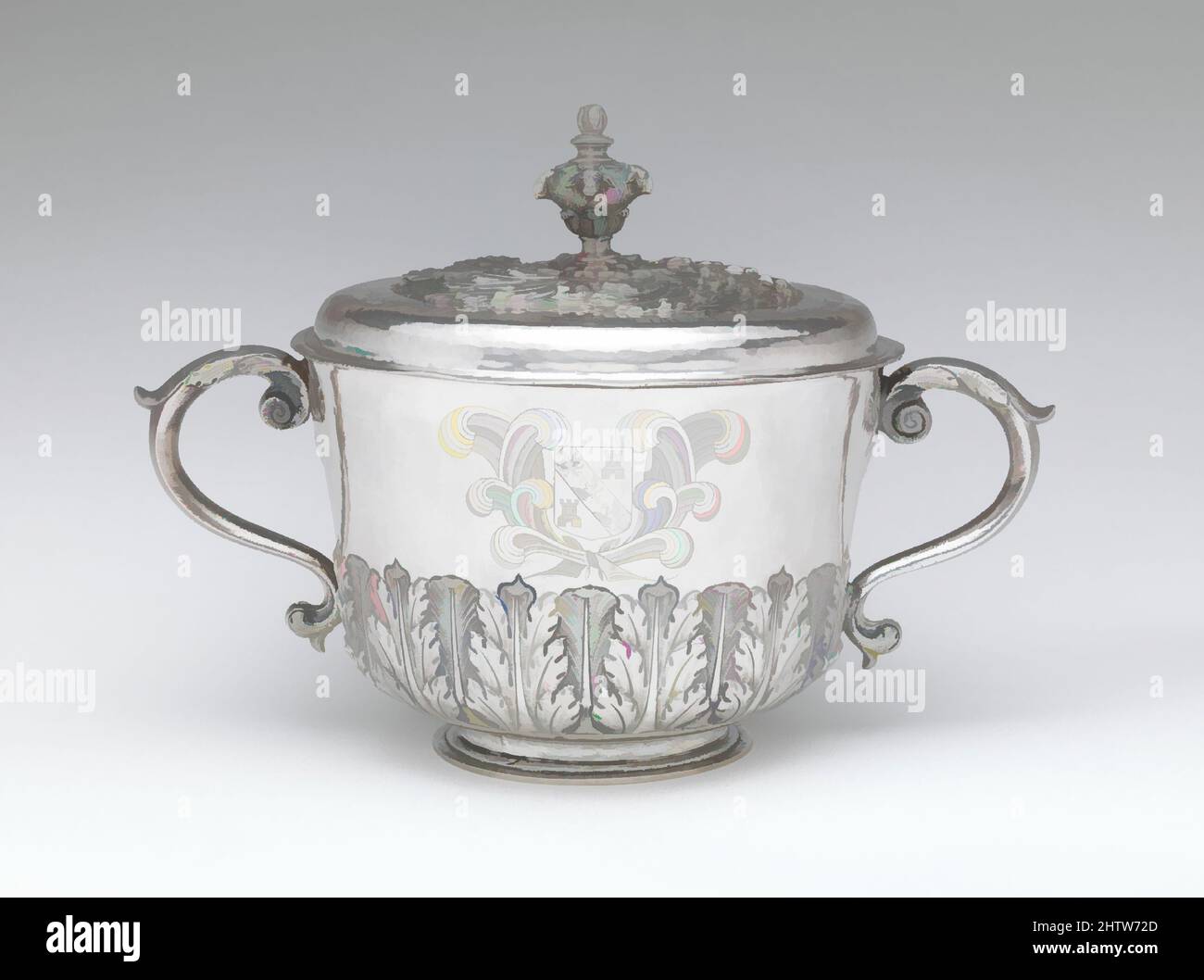 Art inspired by Two-handled cup with cover, I H (British, mid–late 17th century), 1676/77, British, London, Silver, Overall (confirmed): 9 9/16 x 13 1/2 x 8 7/8 in. (24.3 x 34.3 x 22.5 cm), Metalwork-Silver, I H (British, mid–late 17th century), This cup originally was made for use in, Classic works modernized by Artotop with a splash of modernity. Shapes, color and value, eye-catching visual impact on art. Emotions through freedom of artworks in a contemporary way. A timeless message pursuing a wildly creative new direction. Artists turning to the digital medium and creating the Artotop NFT Stock Photo