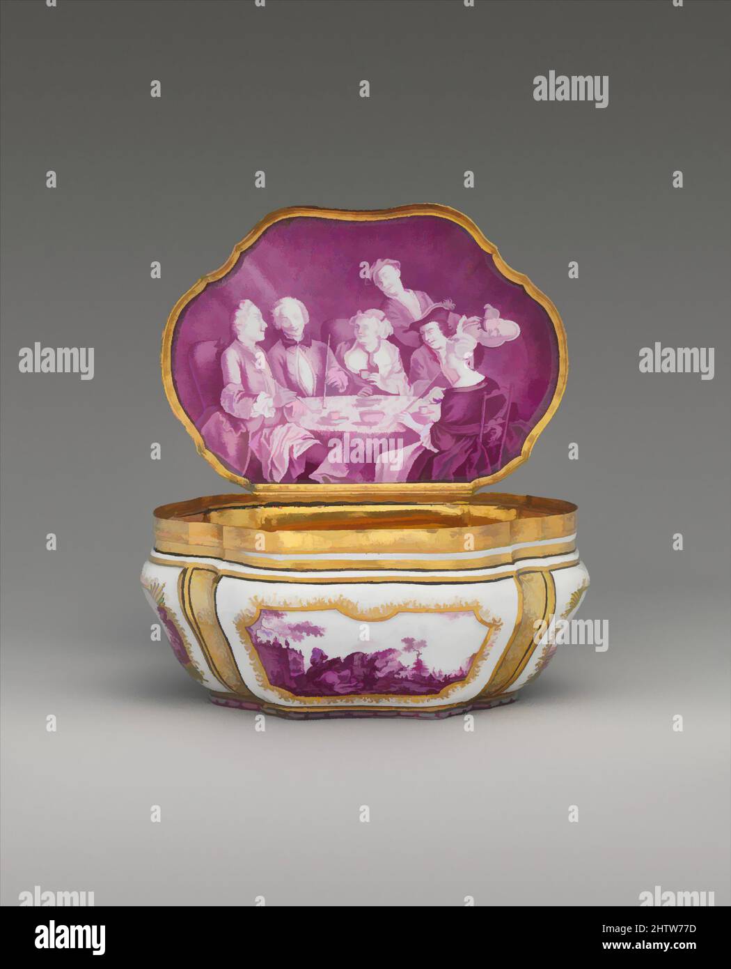 Art inspired by Table snuffbox, ca. 1750, German, Meissen, Hard-paste porcelain, copper gilt, H. 4 in. (10.2 cm.); W. 6 3/4 in. (17.1 cm.); D. 4 7/8 in. (12.4 cm.), Ceramics-Porcelain, A snuffbox of this size was placed on a table for use by a party of smokers, as illustrated on the, Classic works modernized by Artotop with a splash of modernity. Shapes, color and value, eye-catching visual impact on art. Emotions through freedom of artworks in a contemporary way. A timeless message pursuing a wildly creative new direction. Artists turning to the digital medium and creating the Artotop NFT Stock Photo