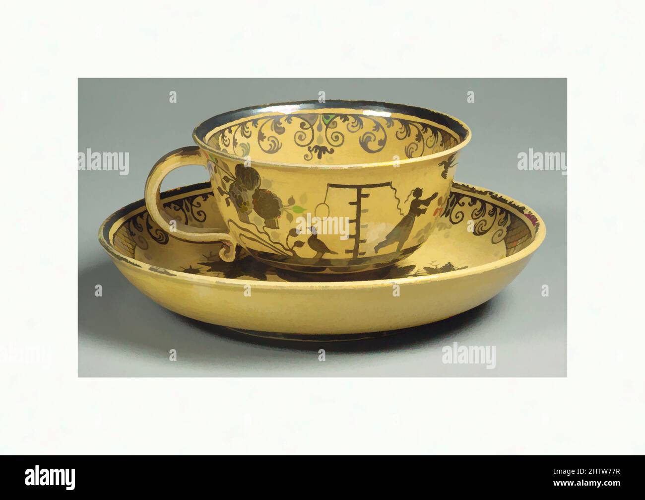 Art inspired by Cup and saucer, ca. 1730, German, Bayreuth, Tin-glazed earthenware, silvered, No dimensions recorded, Ceramics-Pottery, Classic works modernized by Artotop with a splash of modernity. Shapes, color and value, eye-catching visual impact on art. Emotions through freedom of artworks in a contemporary way. A timeless message pursuing a wildly creative new direction. Artists turning to the digital medium and creating the Artotop NFT Stock Photo