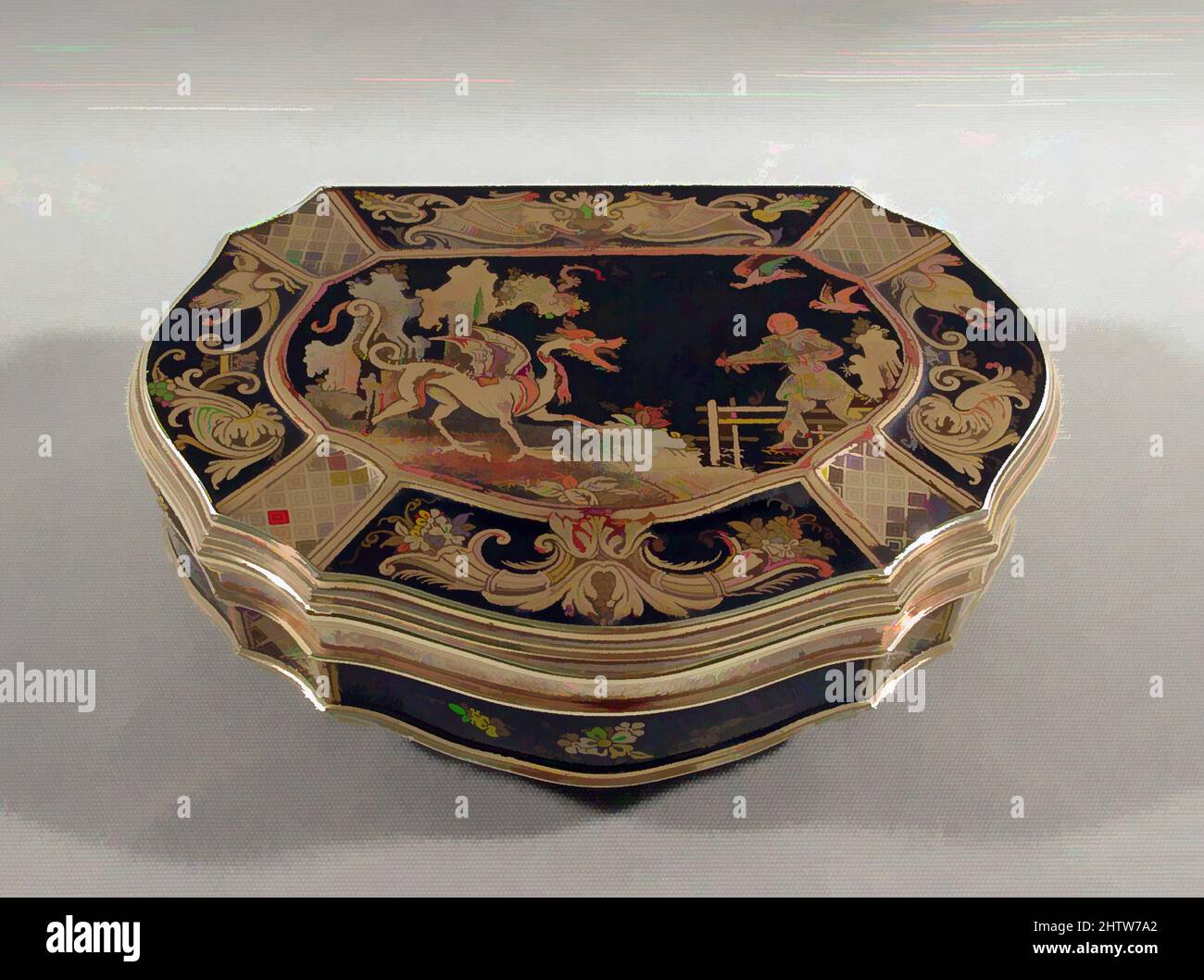 Art inspired by Snuffbox, J.F.(?)B., 1757–58, French, Paris, Lacquer, gold, L. 3 1/2 in. (8.9cm), Metalwork-Gold and Platinum, J.F.(?)B., In eighteenth-century Europe, Paris led the production of high-quality luxury goods. Parisian goldsmiths made a wide range of small, personal, Classic works modernized by Artotop with a splash of modernity. Shapes, color and value, eye-catching visual impact on art. Emotions through freedom of artworks in a contemporary way. A timeless message pursuing a wildly creative new direction. Artists turning to the digital medium and creating the Artotop NFT Stock Photo