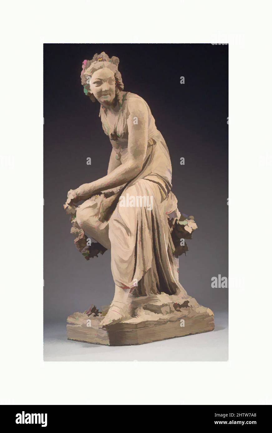 Art inspired by Flora, 1764, French, Paris, Red terracotta, buff colored wash over grey paint, Height: 23 in. (58.4 cm), Sculpture, Louis Claude Vassé (French, Paris 1716–1772 Paris), Other versions in terracotta exist; in 1765 Vassé adapted the figure for a marble statuette of Comedy, Classic works modernized by Artotop with a splash of modernity. Shapes, color and value, eye-catching visual impact on art. Emotions through freedom of artworks in a contemporary way. A timeless message pursuing a wildly creative new direction. Artists turning to the digital medium and creating the Artotop NFT Stock Photo