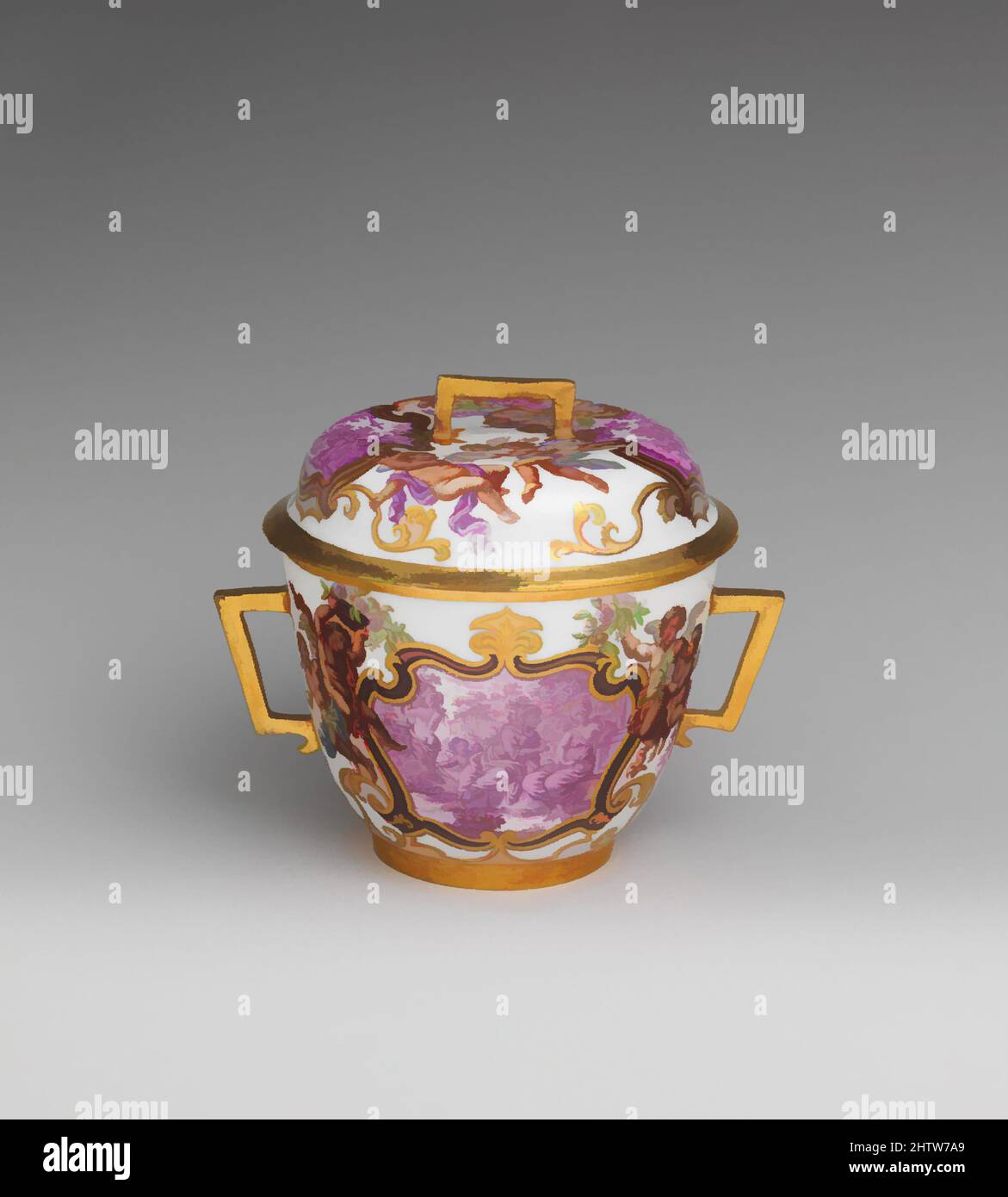 Art inspired by Two-handled cup with cover, 1725–30, German, Meissen, Hard-paste porcelain, Height: 4 3/4 in. (12.1 cm), Ceramics-Porcelain, Classic works modernized by Artotop with a splash of modernity. Shapes, color and value, eye-catching visual impact on art. Emotions through freedom of artworks in a contemporary way. A timeless message pursuing a wildly creative new direction. Artists turning to the digital medium and creating the Artotop NFT Stock Photo