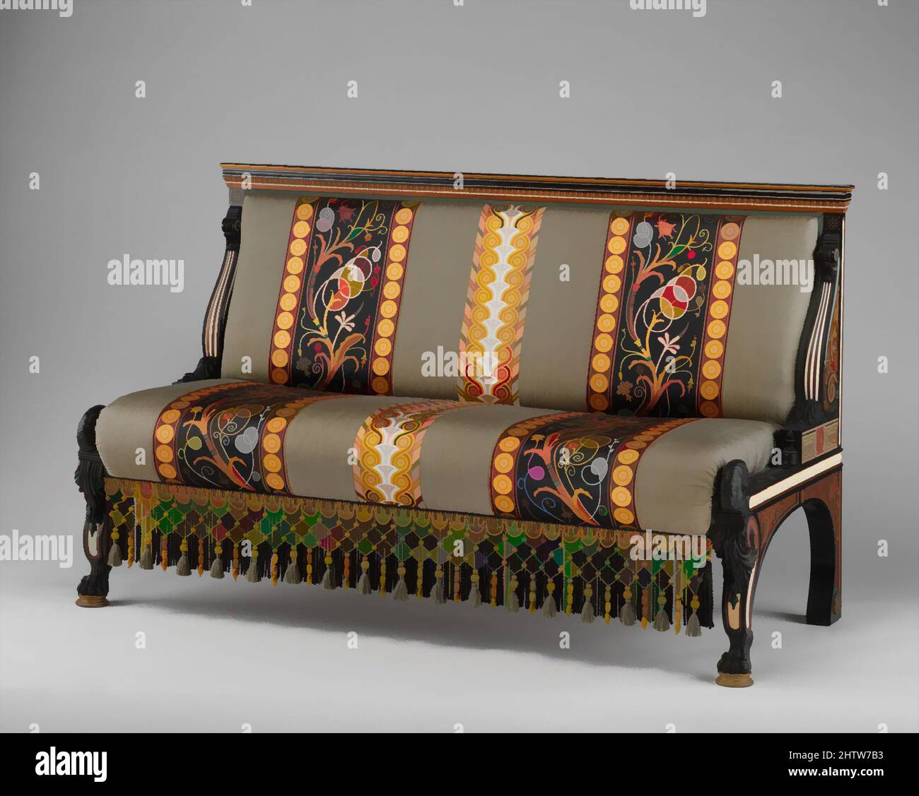 Art inspired by Settee, ca. 1885, British, London, Ebony, box and sandalwood, cedar, ivory inlay, incrustations of mother-of-pearl and brass, 35 1/2 x 58 1/4 x 28 in. (90.2 x 148 x 71.1 cm), Woodwork-Furniture, Classic works modernized by Artotop with a splash of modernity. Shapes, color and value, eye-catching visual impact on art. Emotions through freedom of artworks in a contemporary way. A timeless message pursuing a wildly creative new direction. Artists turning to the digital medium and creating the Artotop NFT Stock Photo