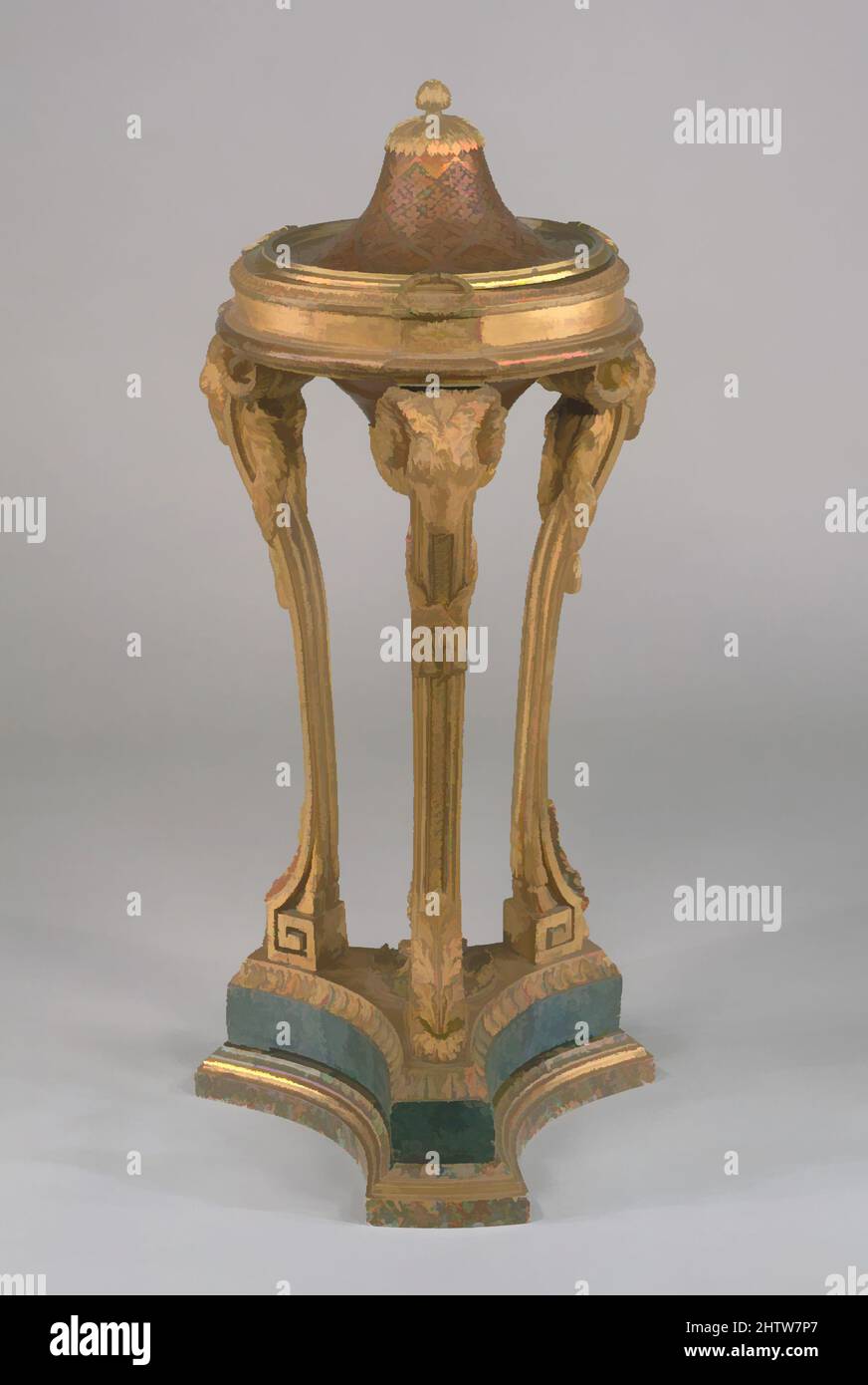 Art inspired by Incense burner (brûle-parfum), ca. 1775, French, Gilded and marbelized oak and beech, gilt-bronze, copper, tin and tin-plating, 40 × 18 1/2 × 18 1/2 in. (101.6 × 47 × 47 cm), Woodwork-Furniture, The word cassolette was current in the eighteenth century for a phrase, Classic works modernized by Artotop with a splash of modernity. Shapes, color and value, eye-catching visual impact on art. Emotions through freedom of artworks in a contemporary way. A timeless message pursuing a wildly creative new direction. Artists turning to the digital medium and creating the Artotop NFT Stock Photo