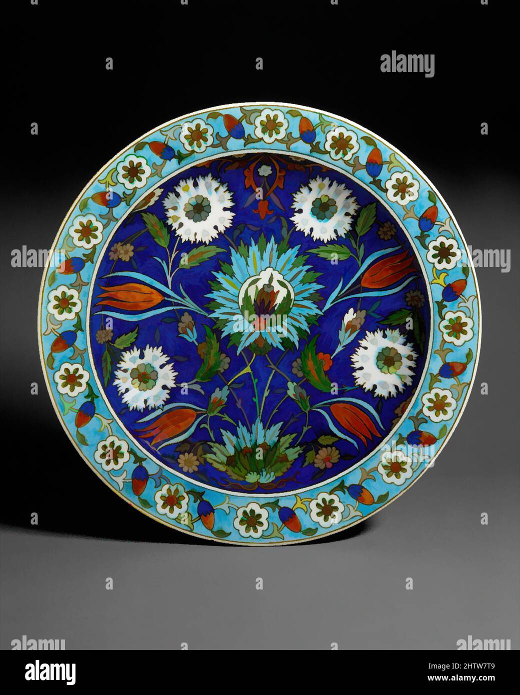 Art inspired by Dish, Joseph-Théodore Deck (French, 1823–1891), ca. 1870, French, Paris, Earthenware with underglaze and enamel polychrome decoration ('Persian' faience), Diameter: 16 1/8 in. (41 cm), Ceramics-Pottery, Joseph-Théodore Deck (French, 1823–1891), The decoration of this, Classic works modernized by Artotop with a splash of modernity. Shapes, color and value, eye-catching visual impact on art. Emotions through freedom of artworks in a contemporary way. A timeless message pursuing a wildly creative new direction. Artists turning to the digital medium and creating the Artotop NFT Stock Photo