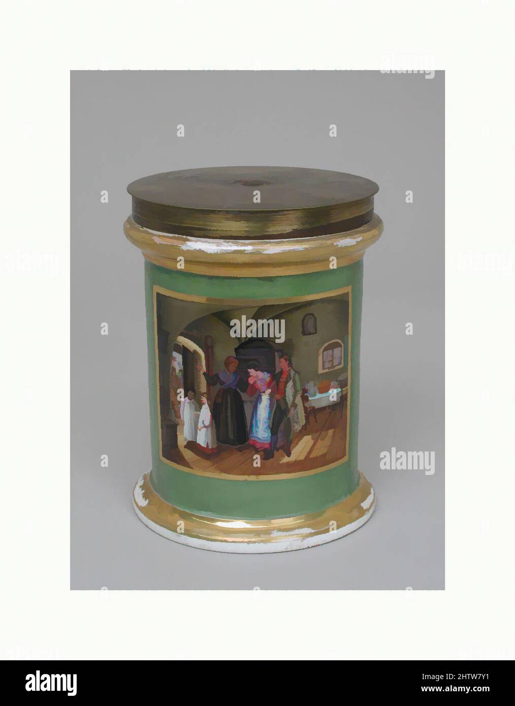 Art inspired by Cylindrical jar, 1842, Austrian, Hard-paste porcelain, Height: 6 3/8 in. (16.2 cm), Ceramics-Porcelain, Classic works modernized by Artotop with a splash of modernity. Shapes, color and value, eye-catching visual impact on art. Emotions through freedom of artworks in a contemporary way. A timeless message pursuing a wildly creative new direction. Artists turning to the digital medium and creating the Artotop NFT Stock Photo