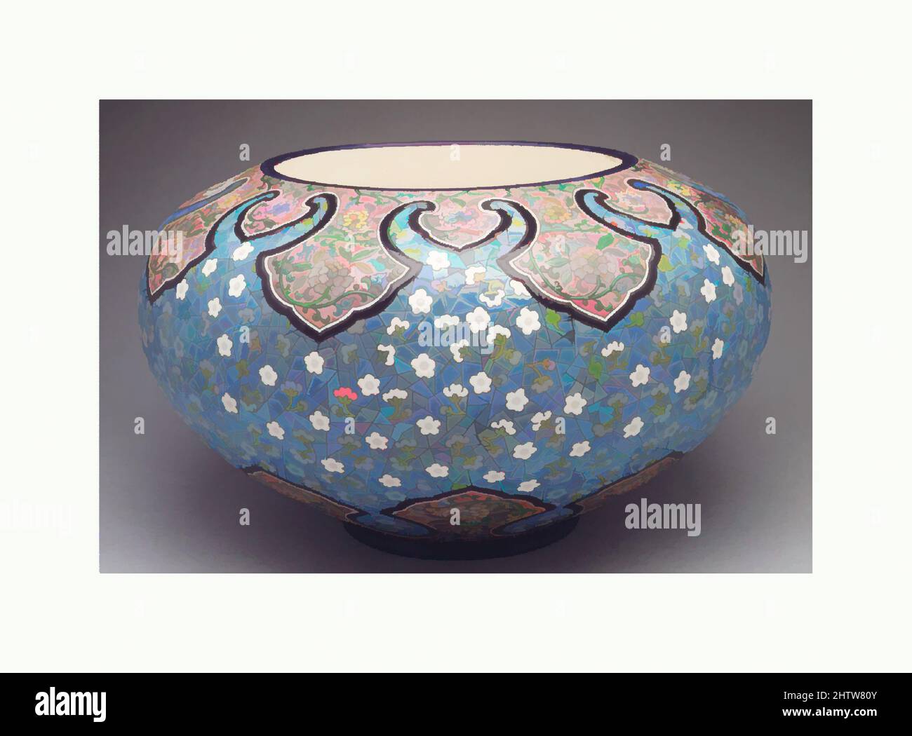Art inspired by Jardinière, ca. 1873–80, French, Longwy, Glazed earthenware, 10 1/2 × 18 in. (26.7 × 45.7 cm), Ceramics-Pottery, Classic works modernized by Artotop with a splash of modernity. Shapes, color and value, eye-catching visual impact on art. Emotions through freedom of artworks in a contemporary way. A timeless message pursuing a wildly creative new direction. Artists turning to the digital medium and creating the Artotop NFT Stock Photo
