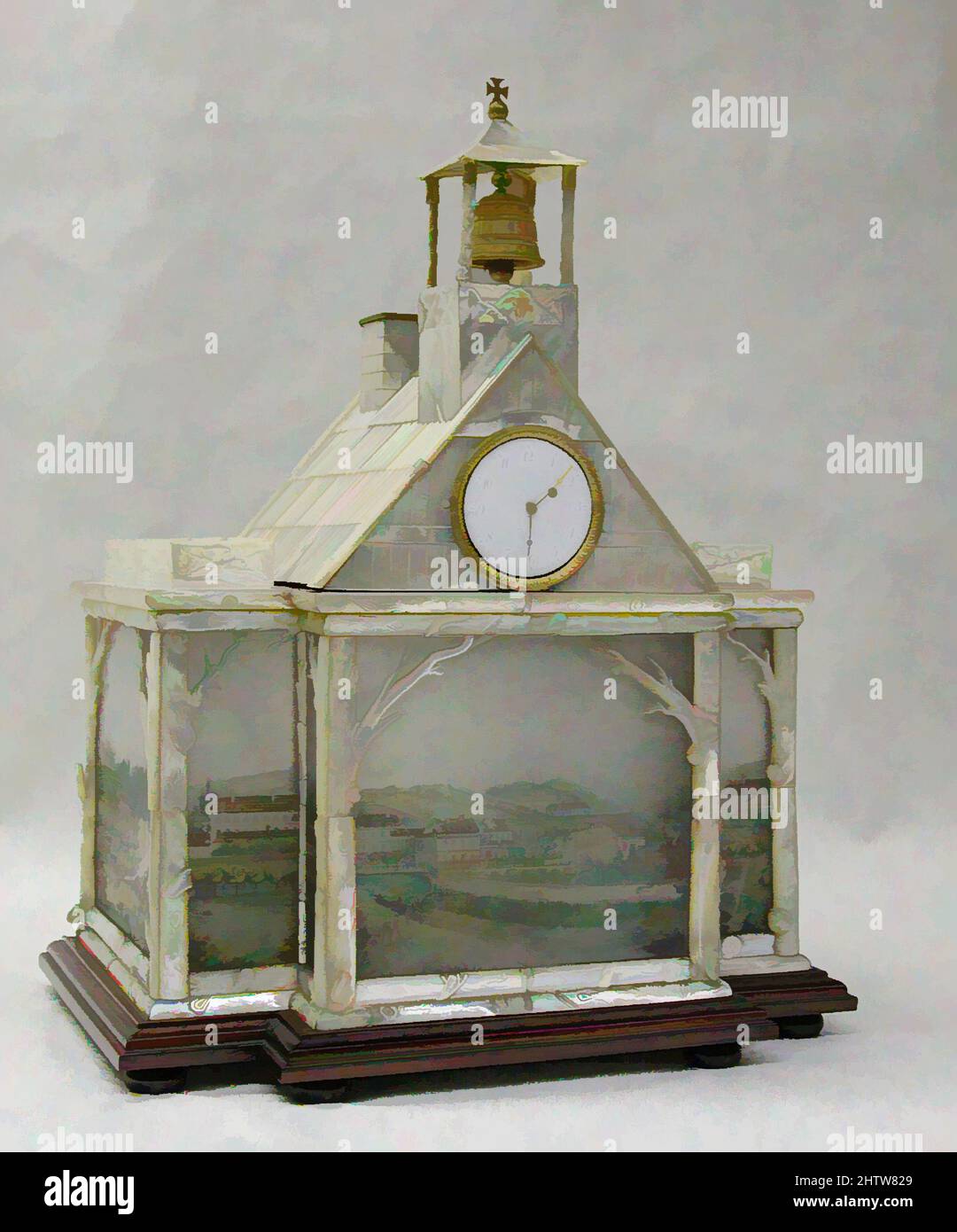 Art inspired by Veilleuse with clock, ca. 1830, Austrian, Vienna, Painted glass and mother-of-pearl, Height: 27 7/8 in. (70.8 cm), Horology, Classic works modernized by Artotop with a splash of modernity. Shapes, color and value, eye-catching visual impact on art. Emotions through freedom of artworks in a contemporary way. A timeless message pursuing a wildly creative new direction. Artists turning to the digital medium and creating the Artotop NFT Stock Photo