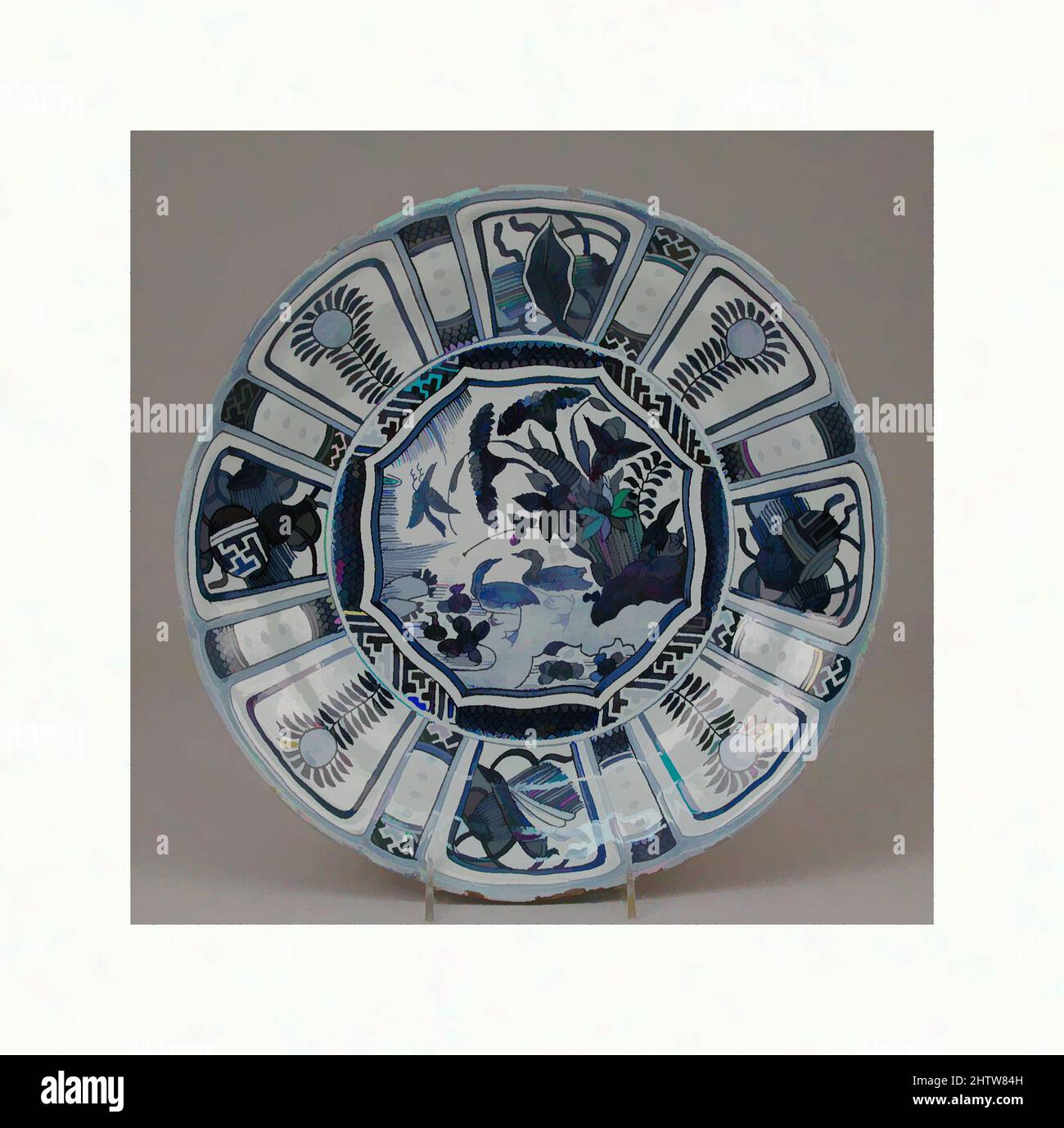 Art inspired by Dish, ca. 1700–1730, Dutch, Delft, Tin-glazed earthenware, Diameter: 13 3/8 in. (34 cm), Ceramics-Pottery, Classic works modernized by Artotop with a splash of modernity. Shapes, color and value, eye-catching visual impact on art. Emotions through freedom of artworks in a contemporary way. A timeless message pursuing a wildly creative new direction. Artists turning to the digital medium and creating the Artotop NFT Stock Photo
