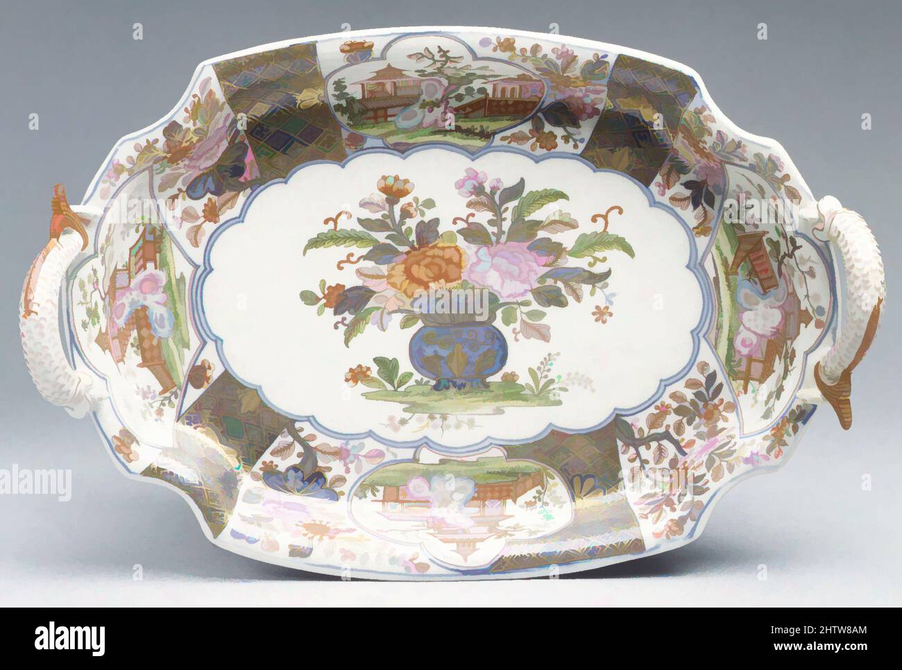 Art inspired by Tray with vase of flowers, ca. 1730–35, Austrian, Vienna, Hard-paste porcelain painted with colored enamels over transparent glaze, Gr. L. 15-11/16 in. (38.6 cm.); H. 3-9/16 in. (9.0 cm.); D. 9-3/4 in. (24.8 cm.), Ceramics-Porcelain, Classic works modernized by Artotop with a splash of modernity. Shapes, color and value, eye-catching visual impact on art. Emotions through freedom of artworks in a contemporary way. A timeless message pursuing a wildly creative new direction. Artists turning to the digital medium and creating the Artotop NFT Stock Photo