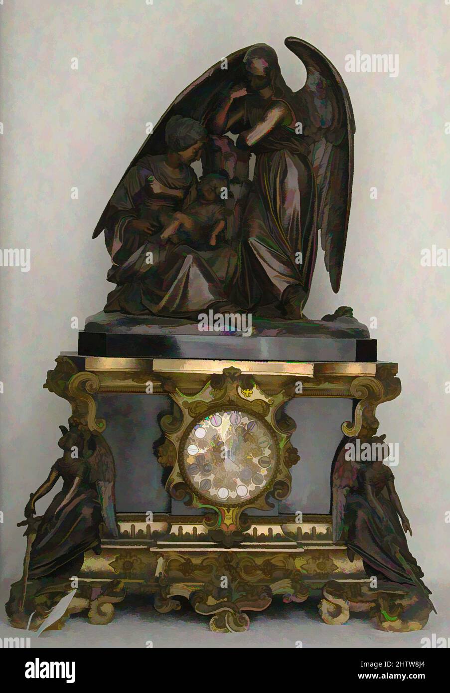 Art inspired by Mantel clock, Honoré Pons (recorded 1807–50), 1840–50,  French, Paris, Case: bronze, gilded and patinated; marble; wood; glass;  Dial: gilt brass and enamel; Movement: brass and steel, Overall: 21 1/4 ×