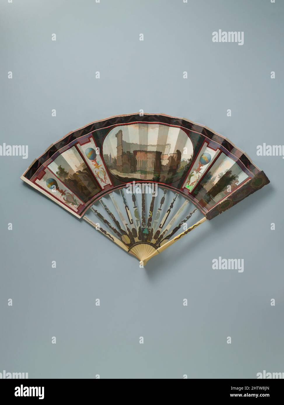 Art inspired by Fan, late 18th century, Italian, Parchment, paint, ivory, silver, colored foil, glass, metal, 20 3/4 x 11 1/4 in. (52.7 x 28.6 cm), Fans, Classic works modernized by Artotop with a splash of modernity. Shapes, color and value, eye-catching visual impact on art. Emotions through freedom of artworks in a contemporary way. A timeless message pursuing a wildly creative new direction. Artists turning to the digital medium and creating the Artotop NFT Stock Photo