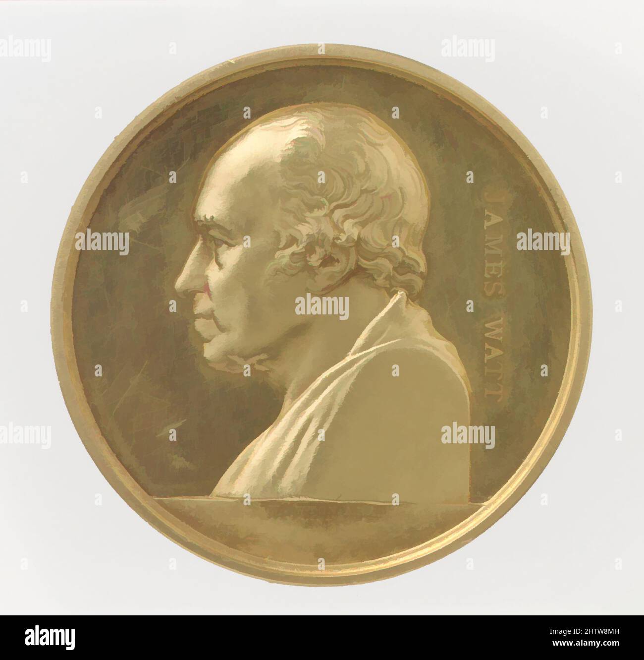 Art inspired by James Watt, 1833, British, Gold, Diameter: 7 in. (178 mm), Medals and Plaquettes, Medalist: William Wyon (British, Birmingham 1795–1851 Brighton, Classic works modernized by Artotop with a splash of modernity. Shapes, color and value, eye-catching visual impact on art. Emotions through freedom of artworks in a contemporary way. A timeless message pursuing a wildly creative new direction. Artists turning to the digital medium and creating the Artotop NFT Stock Photo