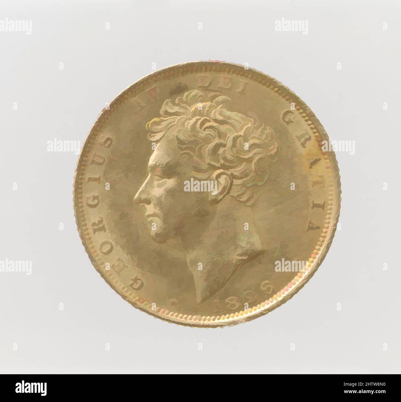 Art inspired by George IV sovereign, William Wyon (British, Birmingham 1795–1851 Brighton), 1826, British, Gold, Diam. 23 mm., Coins, William Wyon (British, Birmingham 1795–1851 Brighton, Classic works modernized by Artotop with a splash of modernity. Shapes, color and value, eye-catching visual impact on art. Emotions through freedom of artworks in a contemporary way. A timeless message pursuing a wildly creative new direction. Artists turning to the digital medium and creating the Artotop NFT Stock Photo