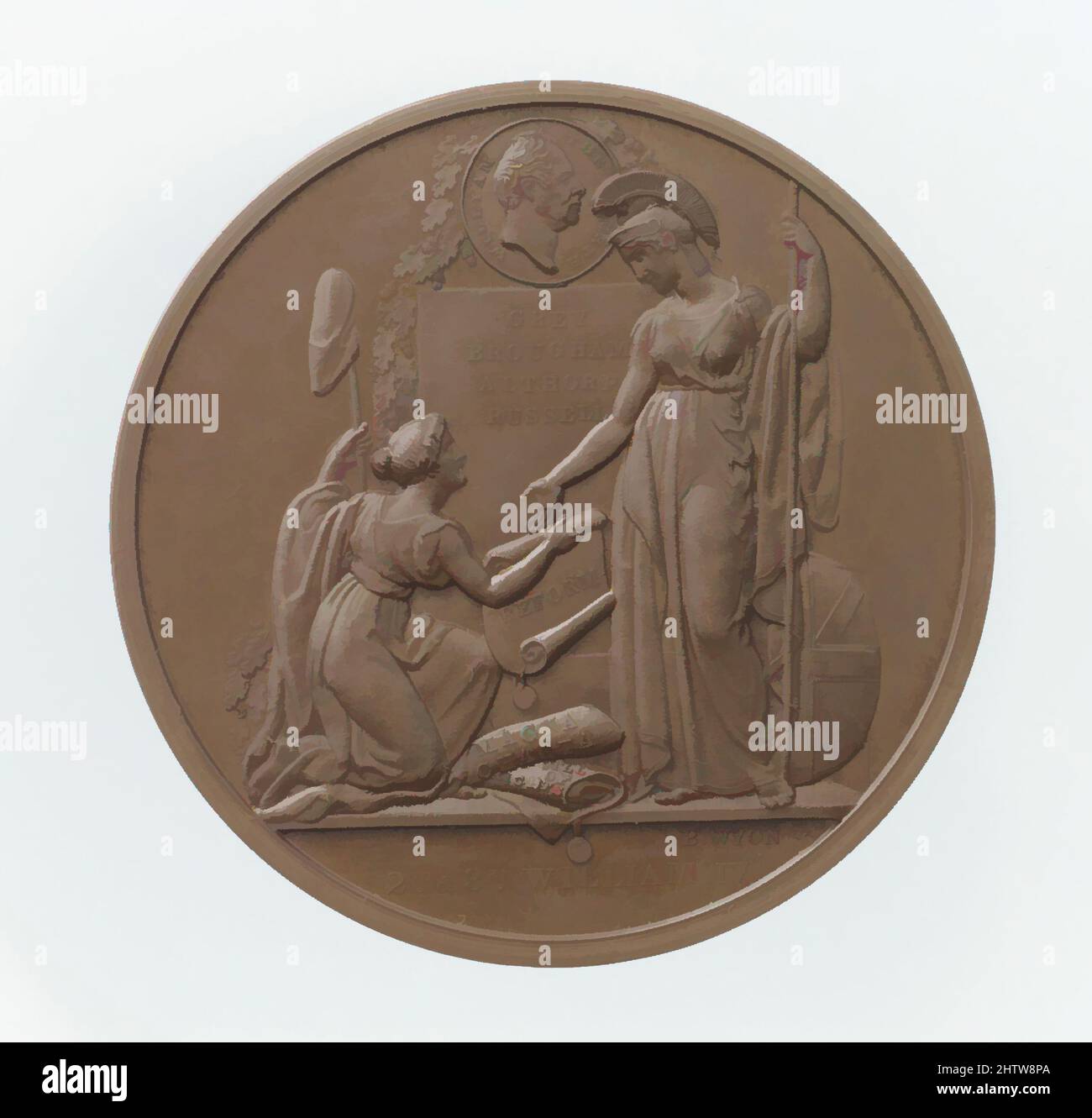 Art inspired by The Reform Bill, Benjamin Wyon (British, London 1802–1858 London), 1832, British, Bronze, Diameter: 1 15/16 in. (49 mm), Medals and Plaquettes, Benjamin Wyon (British, London 1802–1858 London, Classic works modernized by Artotop with a splash of modernity. Shapes, color and value, eye-catching visual impact on art. Emotions through freedom of artworks in a contemporary way. A timeless message pursuing a wildly creative new direction. Artists turning to the digital medium and creating the Artotop NFT Stock Photo